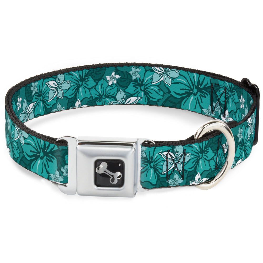 Dog Bone Seatbelt Buckle Collar - Hibiscus Collage Turquoise Shades Seatbelt Buckle Collars Buckle-Down