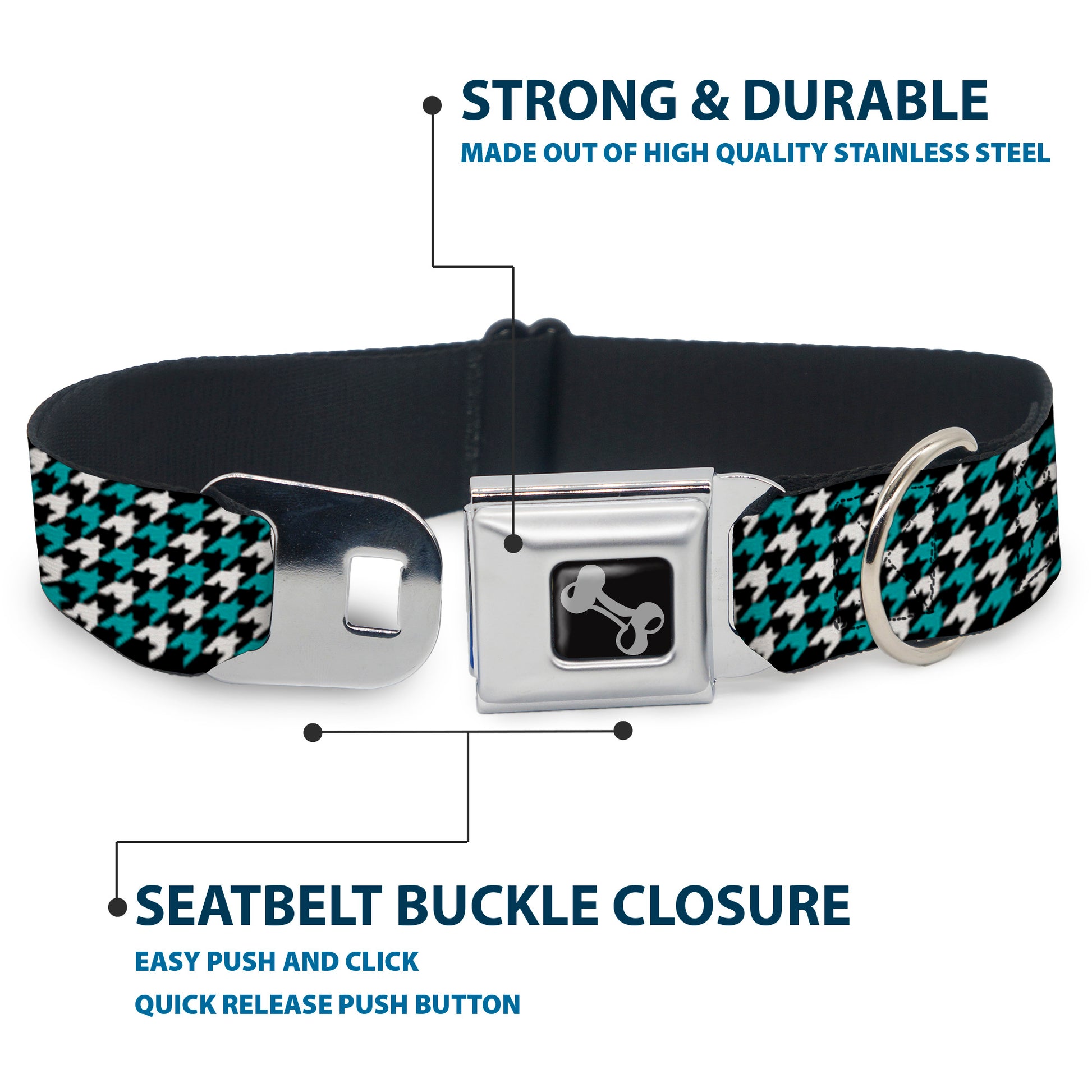 Dog Bone Seatbelt Buckle Collar - Houndstooth Black/White/Turquoise Seatbelt Buckle Collars Buckle-Down