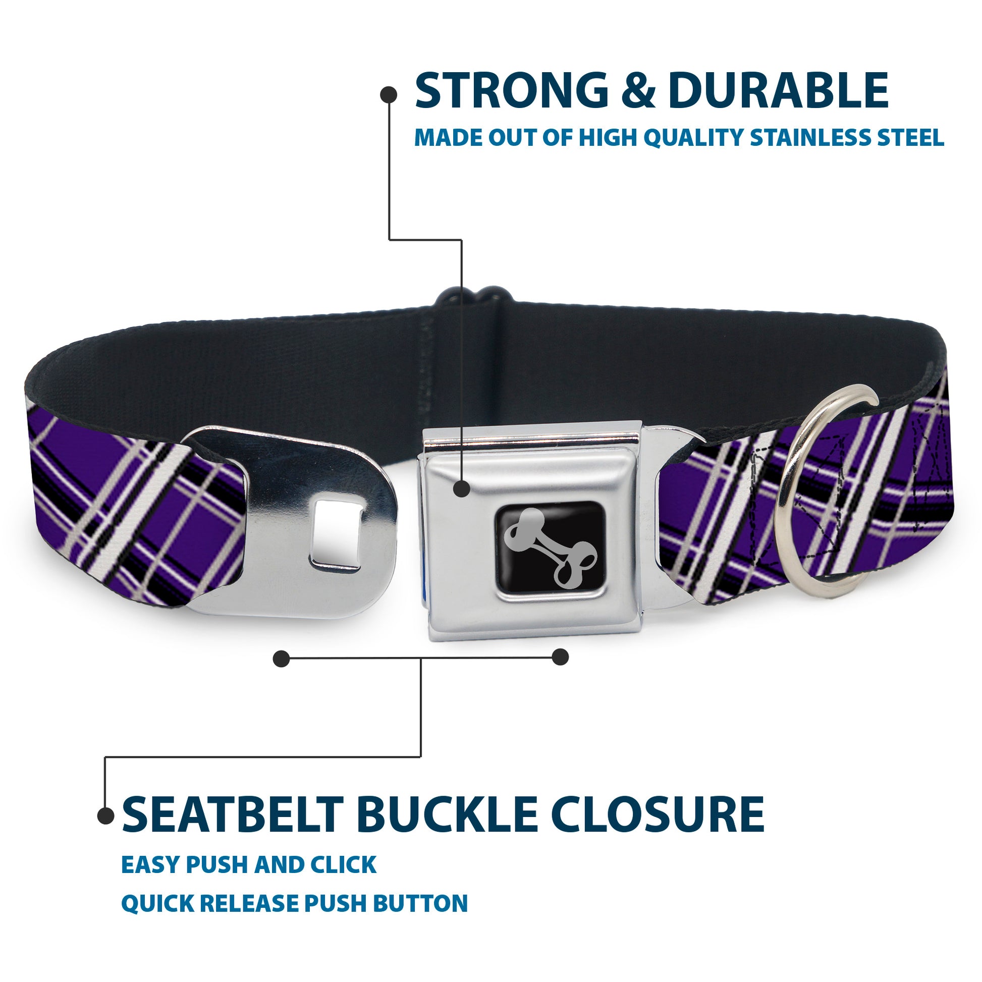 Dog Bone Seatbelt Buckle Collar - Houndstooth Gray/Purple/White Seatbelt Buckle Collars Buckle-Down
