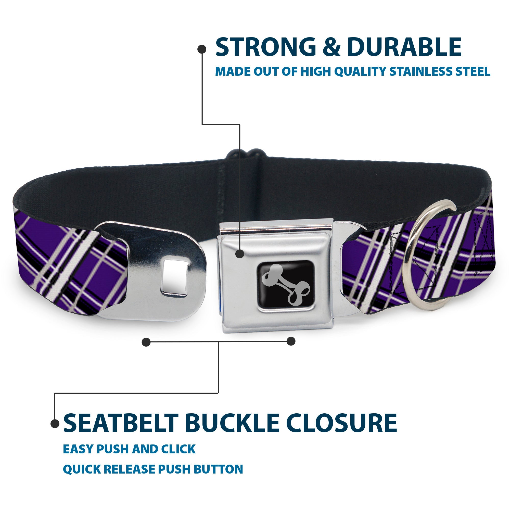 Dog Bone Seatbelt Buckle Collar - Houndstooth Gray/Purple/White Seatbelt Buckle Collars Buckle-Down