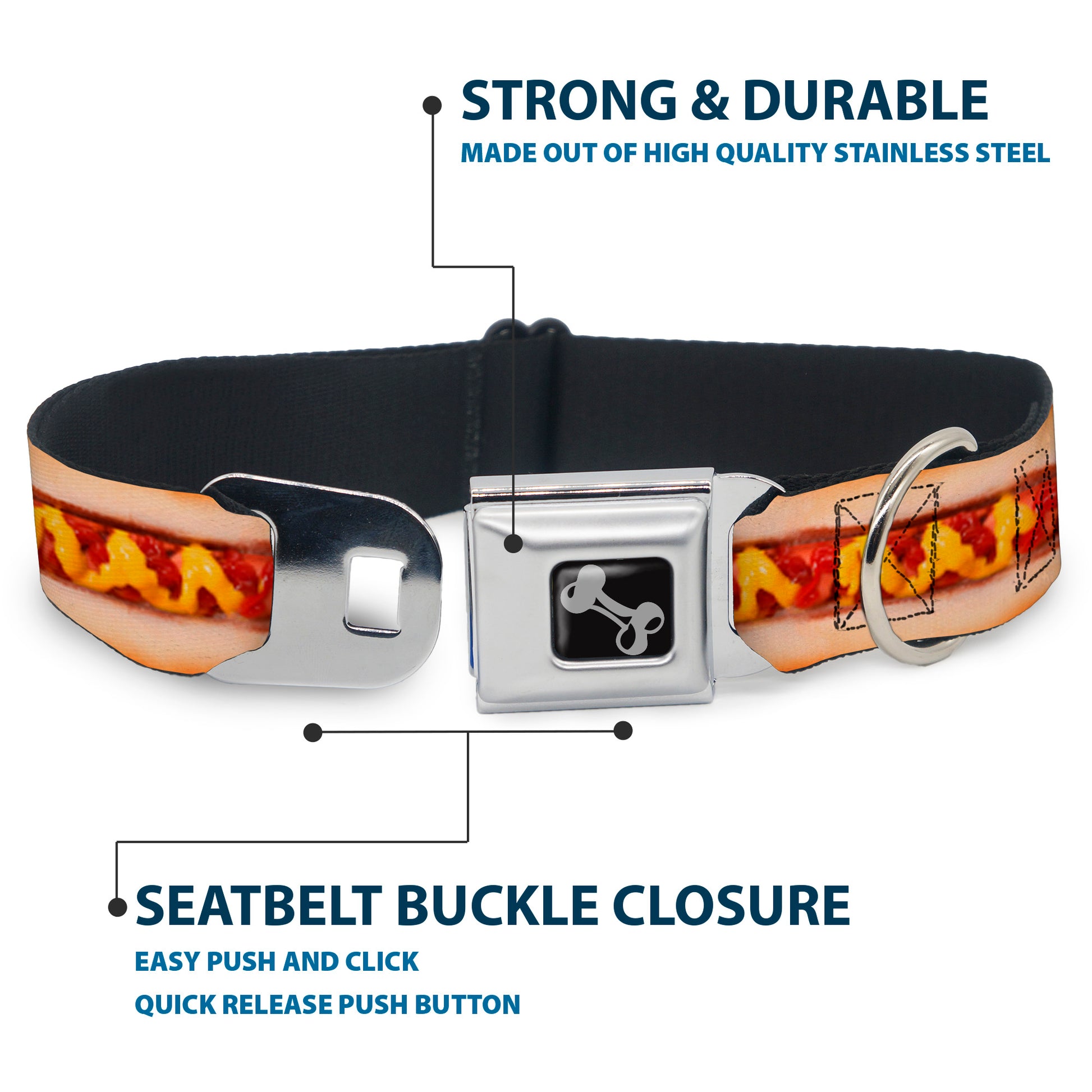 Dog Bone Seatbelt Buckle Collar - Hot Dog w/Mustard & Ketchup Vivid Seatbelt Buckle Collars Buckle-Down