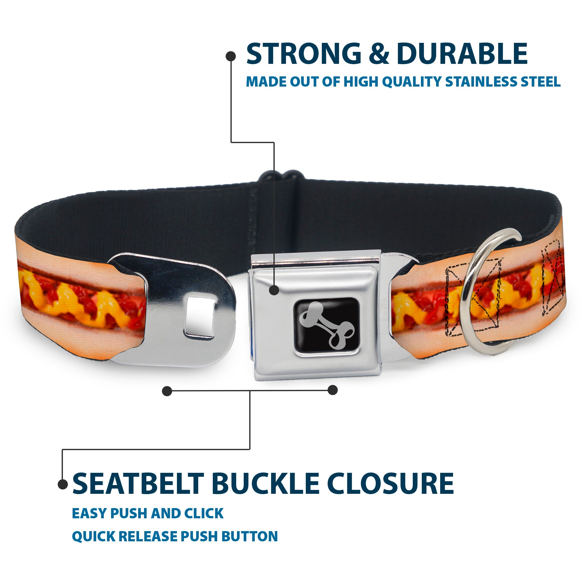 Dog Bone Seatbelt Buckle Collar - Hot Dog w/Mustard & Ketchup Vivid Seatbelt Buckle Collars Buckle-Down