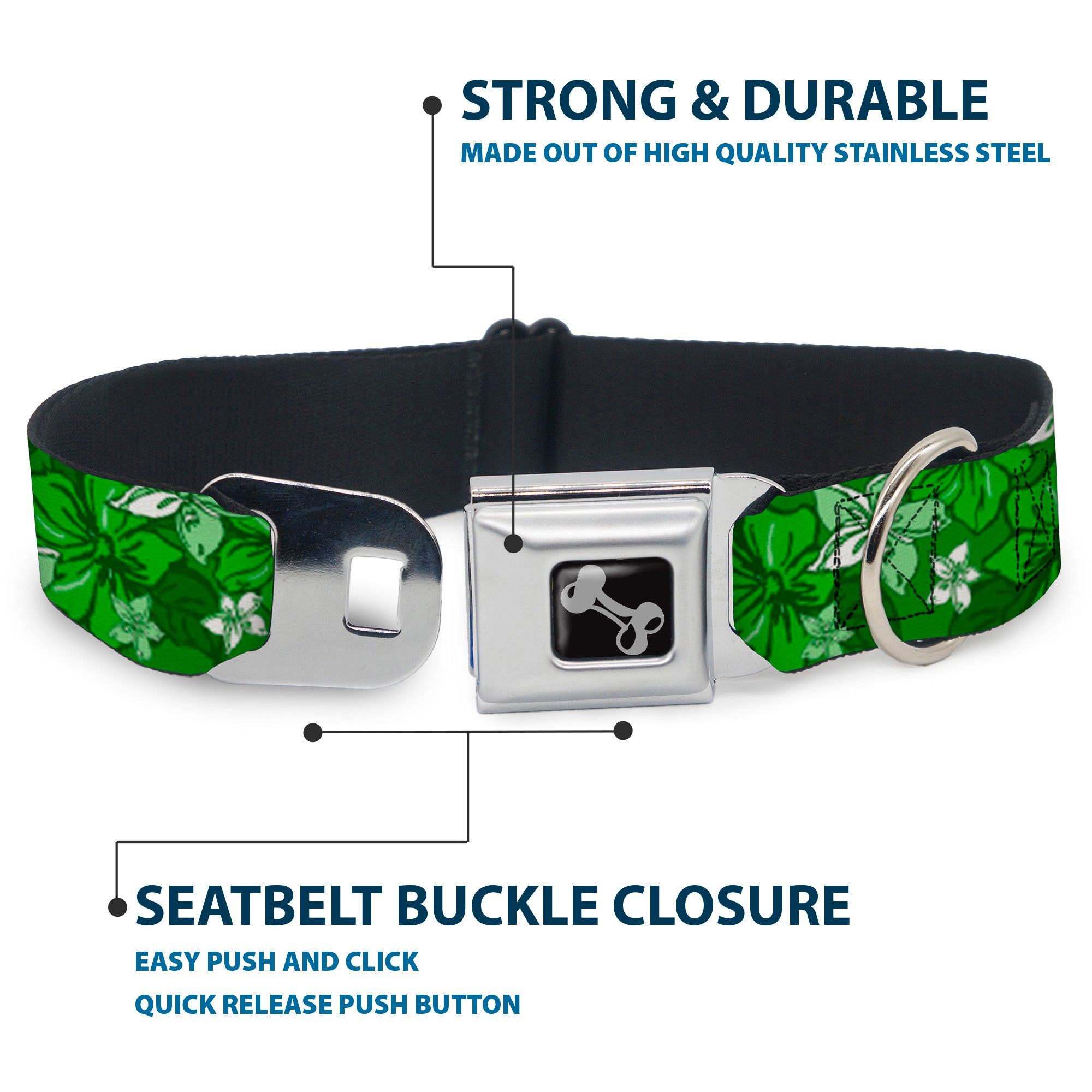Dog Bone Seatbelt Buckle Collar - Hibiscus Collage Green Shades Seatbelt Buckle Collars Buckle-Down
