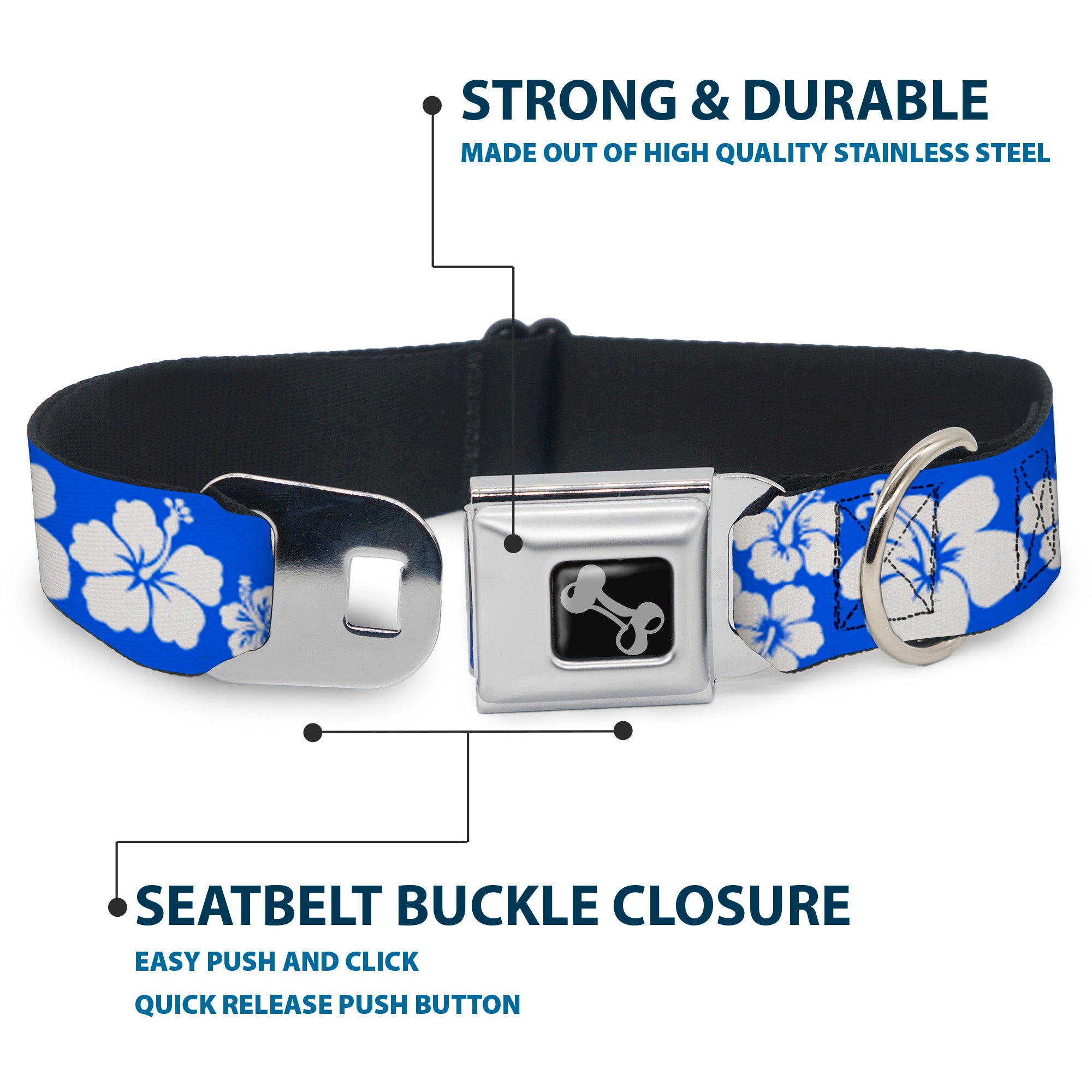 Dog Bone Seatbelt Buckle Collar - Hibiscus Blue/White Seatbelt Buckle Collars Buckle-Down