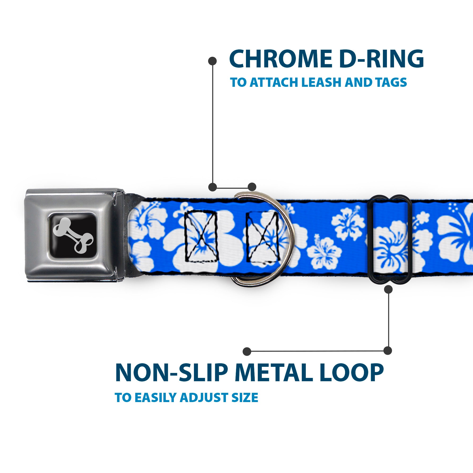 Dog Bone Seatbelt Buckle Collar - Hibiscus Blue/White Seatbelt Buckle Collars Buckle-Down