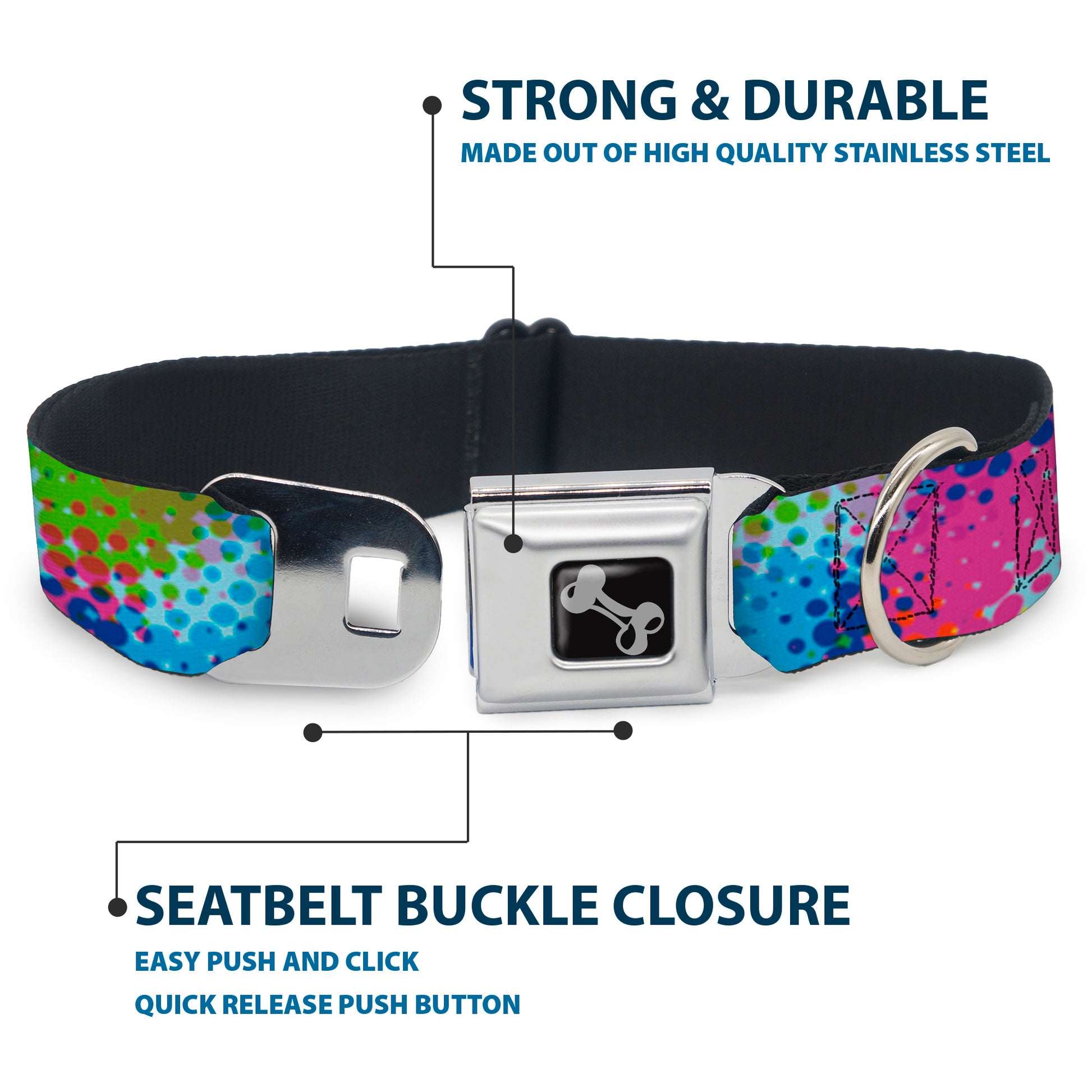 Dog Bone Seatbelt Buckle Collar - Halftone Dots Light Blue/Blues/Greens/Pinks Seatbelt Buckle Collars Buckle-Down