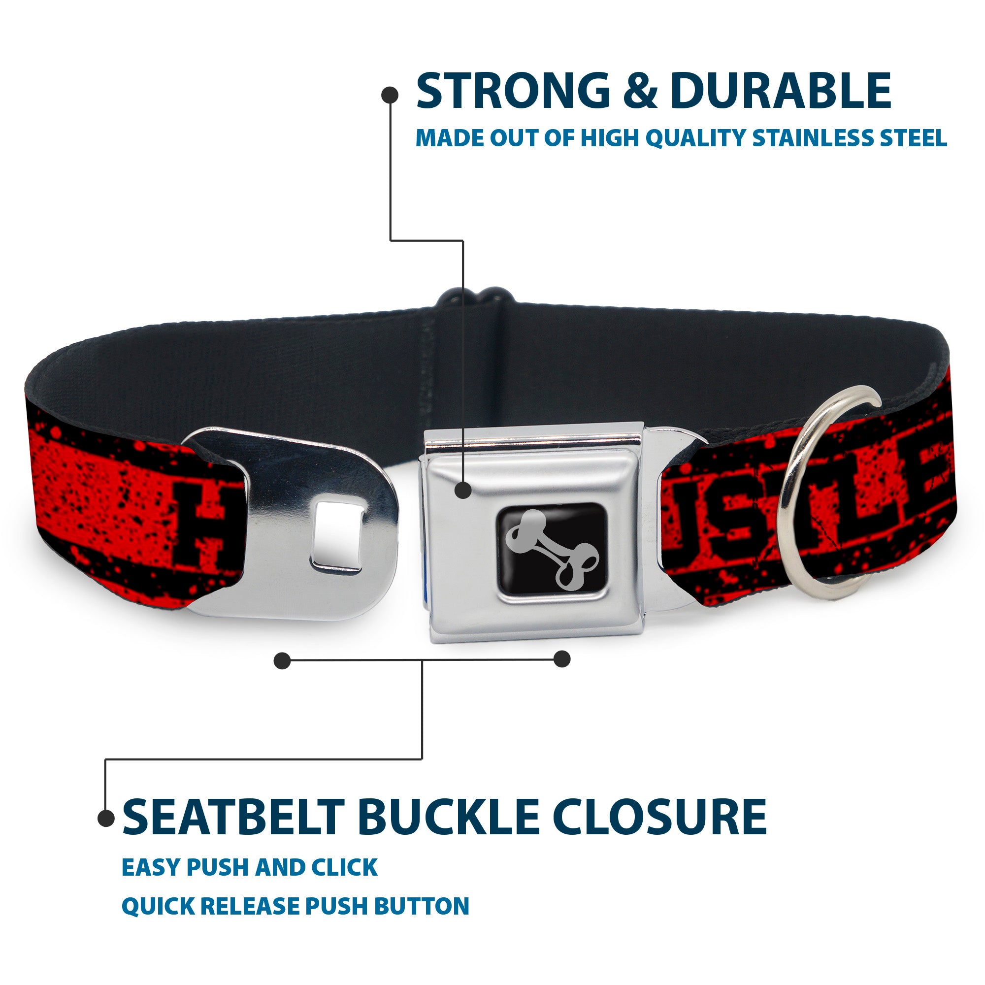 Dog Bone Seatbelt Buckle Collar - HUSTLE HARDER/Stripes Weathered Red/Black Seatbelt Buckle Collars Buckle-Down