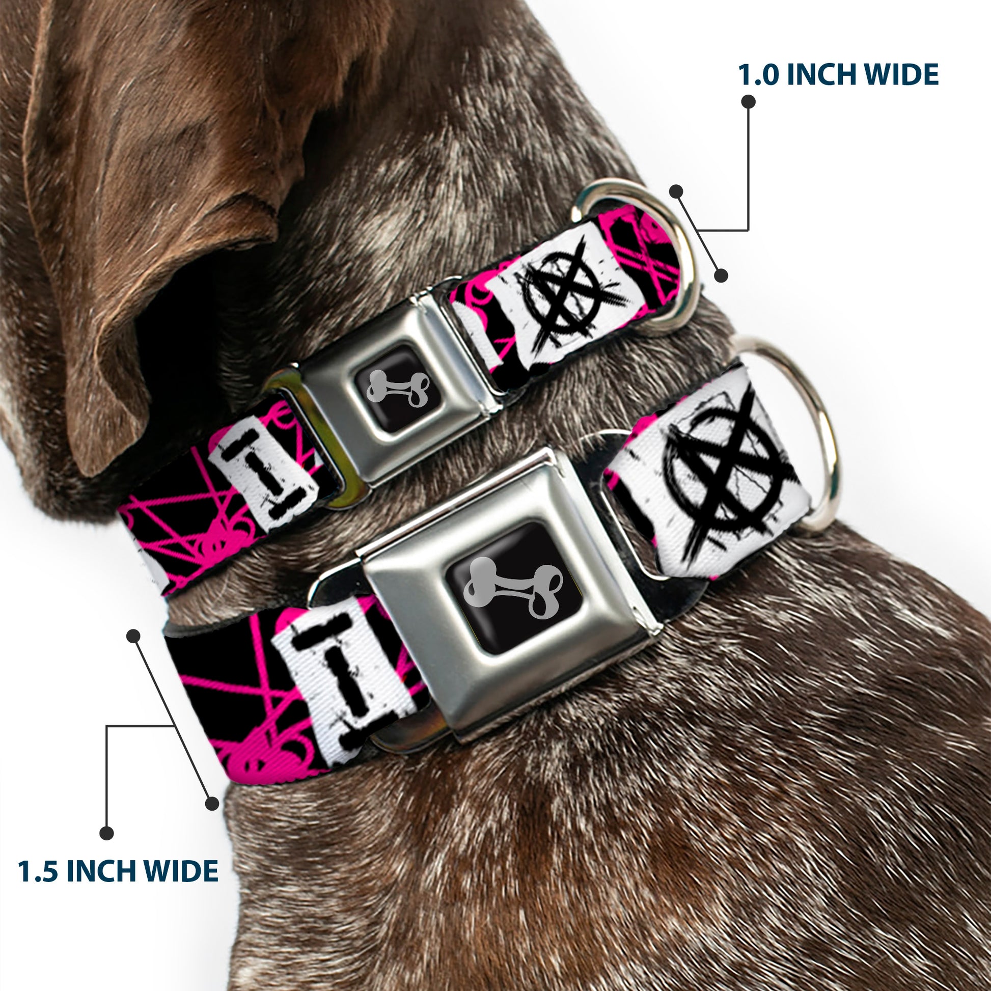 Dog Bone Seatbelt Buckle Collar - I Heart Punk Rock w/Safety Pins Black/Fuchsia/White Seatbelt Buckle Collars Buckle-Down