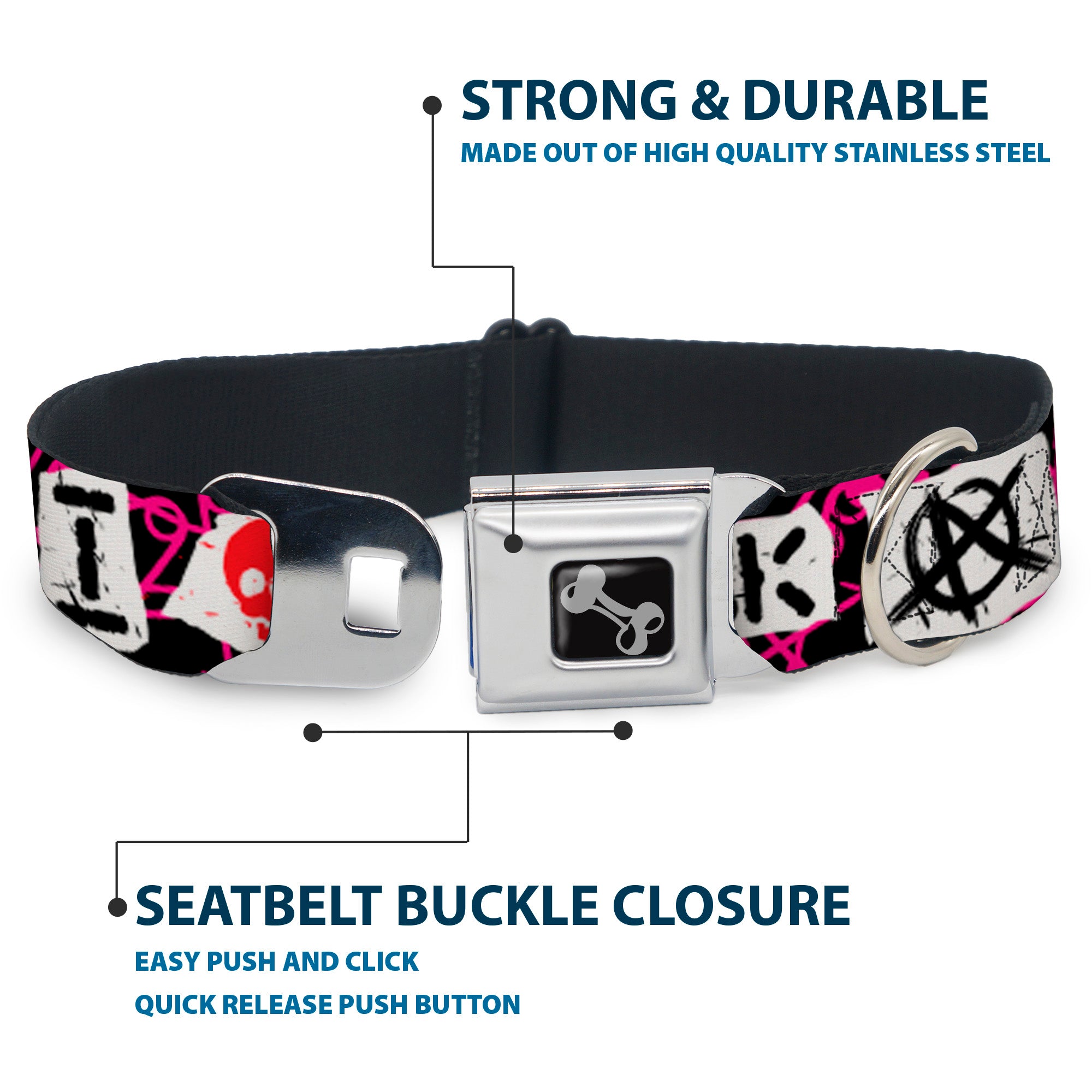 Dog Bone Seatbelt Buckle Collar - I Heart Punk Rock w/Safety Pins Black/Fuchsia/White Seatbelt Buckle Collars Buckle-Down