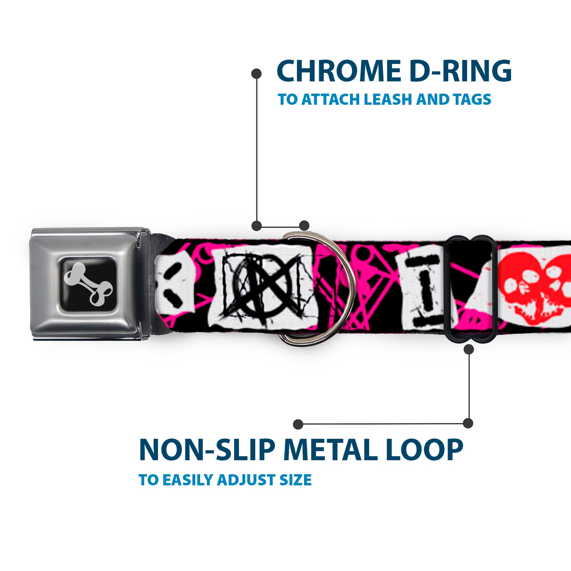Dog Bone Seatbelt Buckle Collar - I Heart Punk Rock w/Safety Pins Black/Fuchsia/White Seatbelt Buckle Collars Buckle-Down