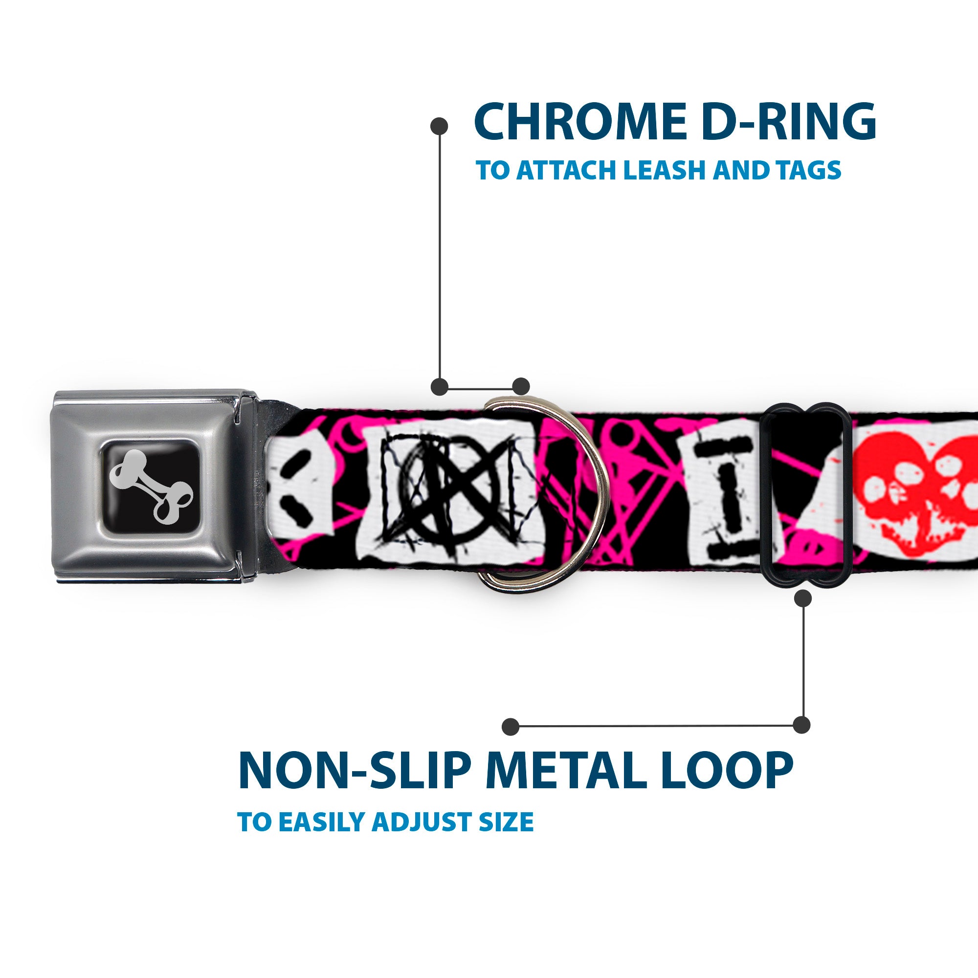 Dog Bone Seatbelt Buckle Collar - I Heart Punk Rock w/Safety Pins Black/Fuchsia/White Seatbelt Buckle Collars Buckle-Down