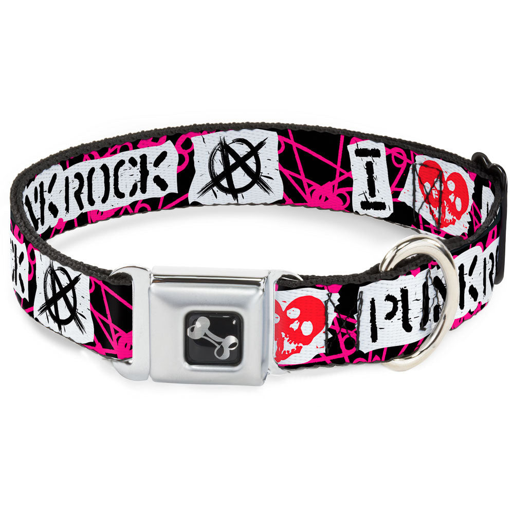 Dog Bone Seatbelt Buckle Collar - I Heart Punk Rock w/Safety Pins Black/Fuchsia/White Seatbelt Buckle Collars Buckle-Down
