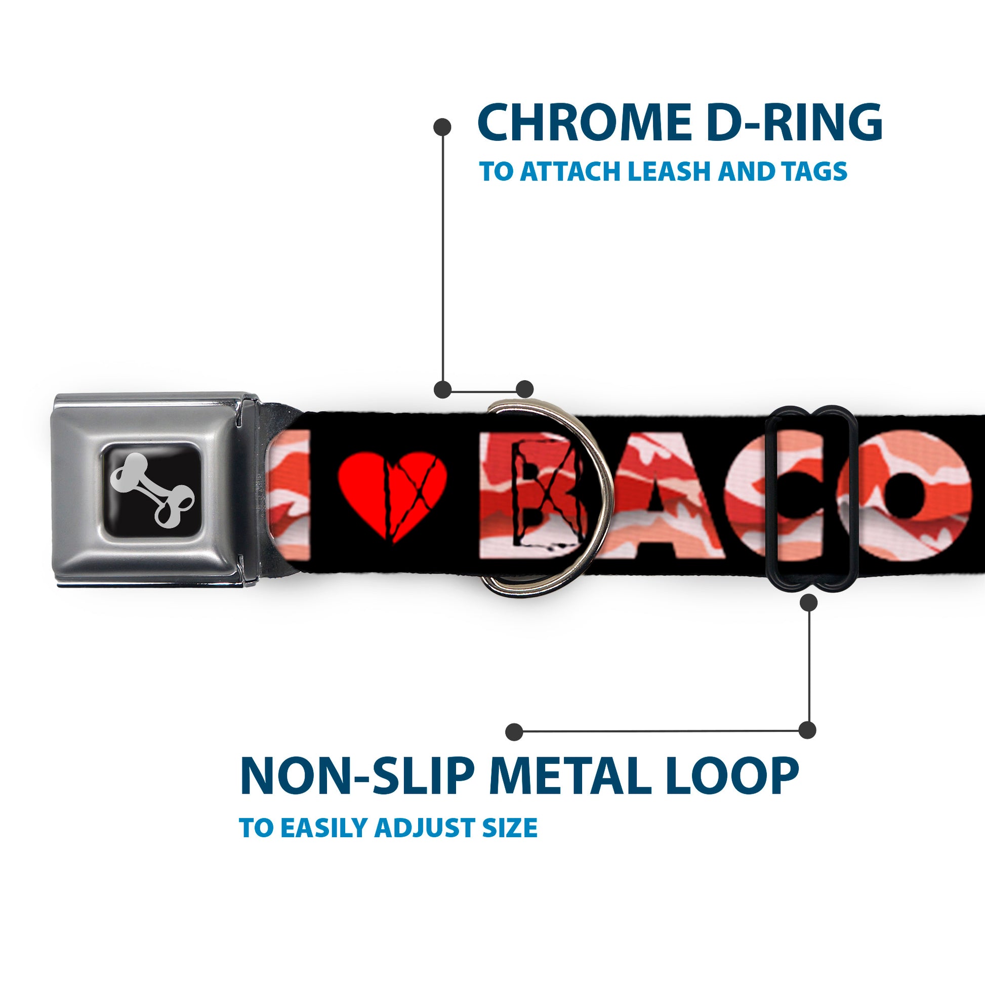 Dog Bone Seatbelt Buckle Collar - I "Heart" BACON Black/Bacon Seatbelt Buckle Collars Buckle-Down