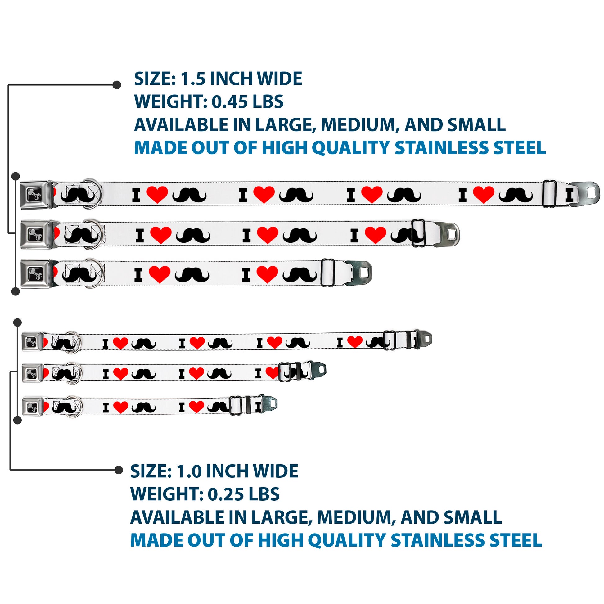 Dog Bone Seatbelt Buckle Collar - I "Heart Mustache" White/Black/Red Seatbelt Buckle Collars Buckle-Down