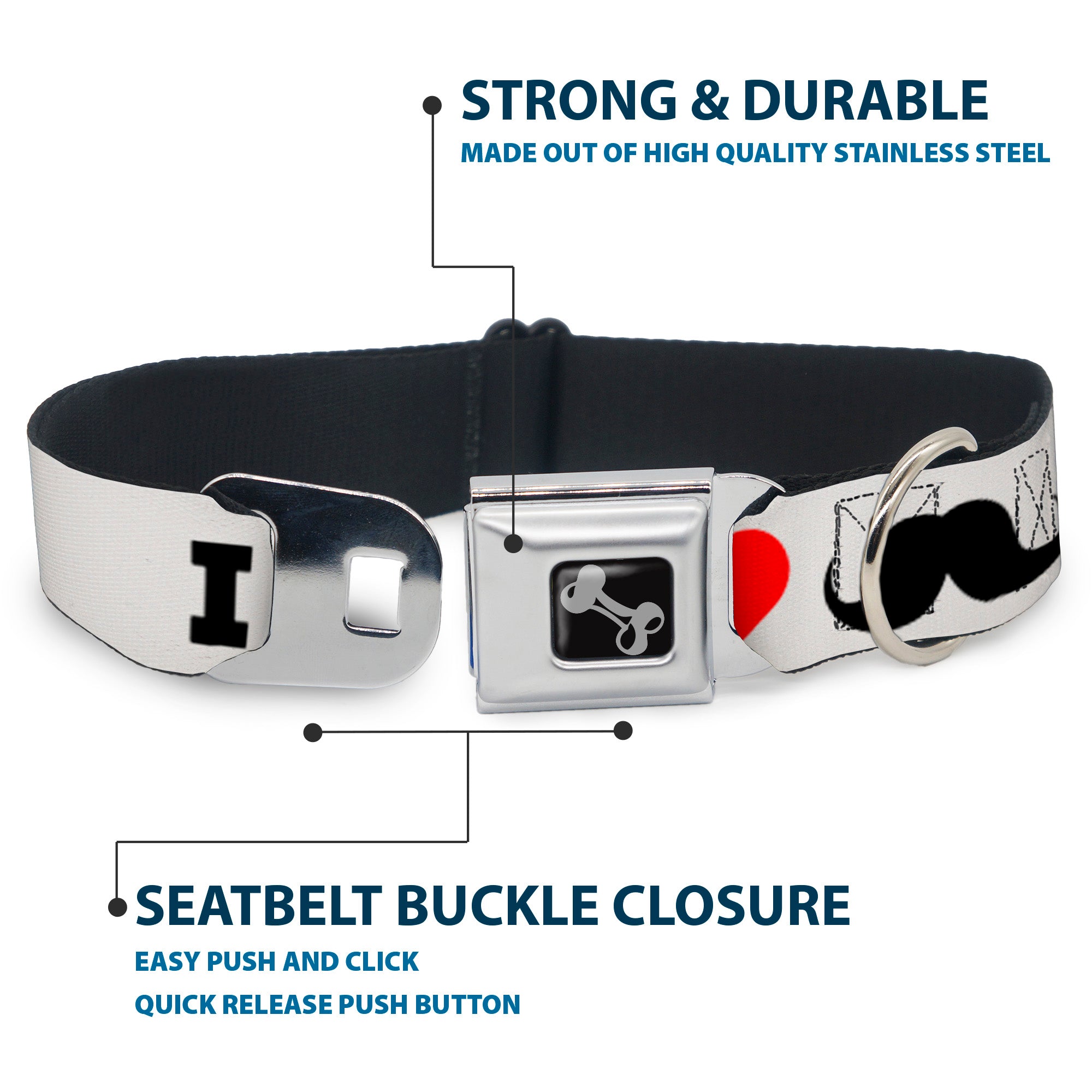 Dog Bone Seatbelt Buckle Collar - I "Heart Mustache" White/Black/Red Seatbelt Buckle Collars Buckle-Down