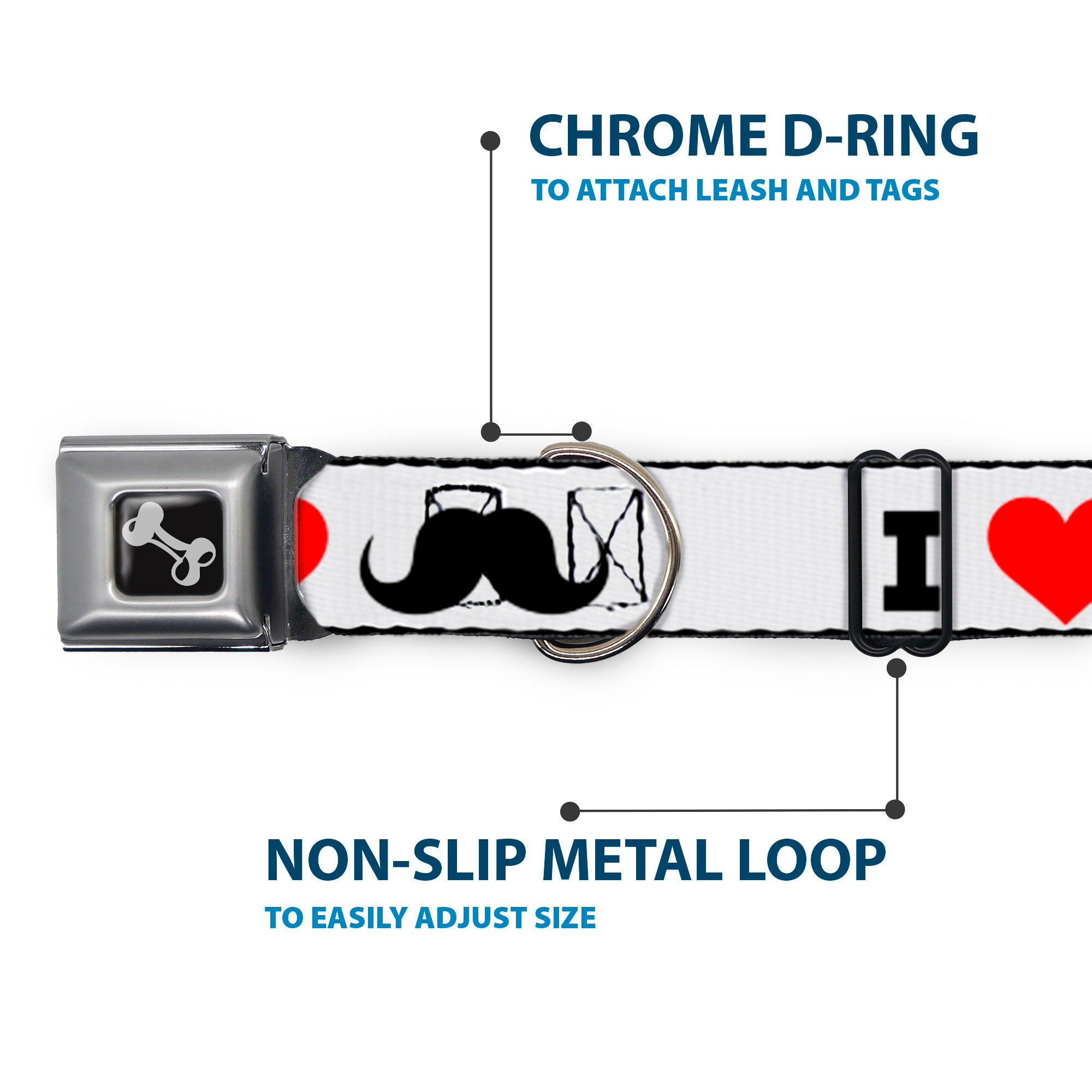 Dog Bone Seatbelt Buckle Collar - I "Heart Mustache" White/Black/Red Seatbelt Buckle Collars Buckle-Down