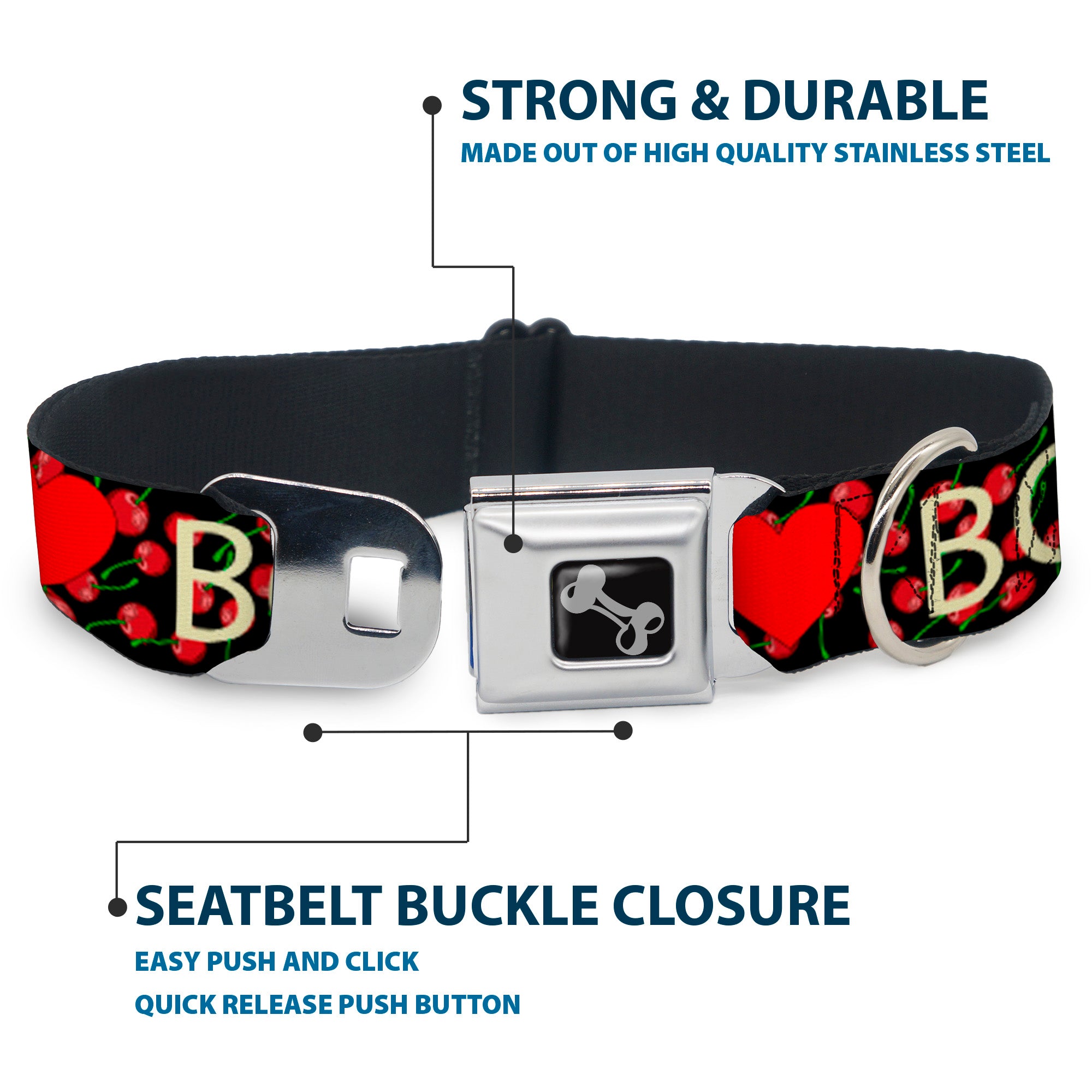 Dog Bone Seatbelt Buckle Collar - I Heart BOYS Black/Cherries Seatbelt Buckle Collars Buckle-Down