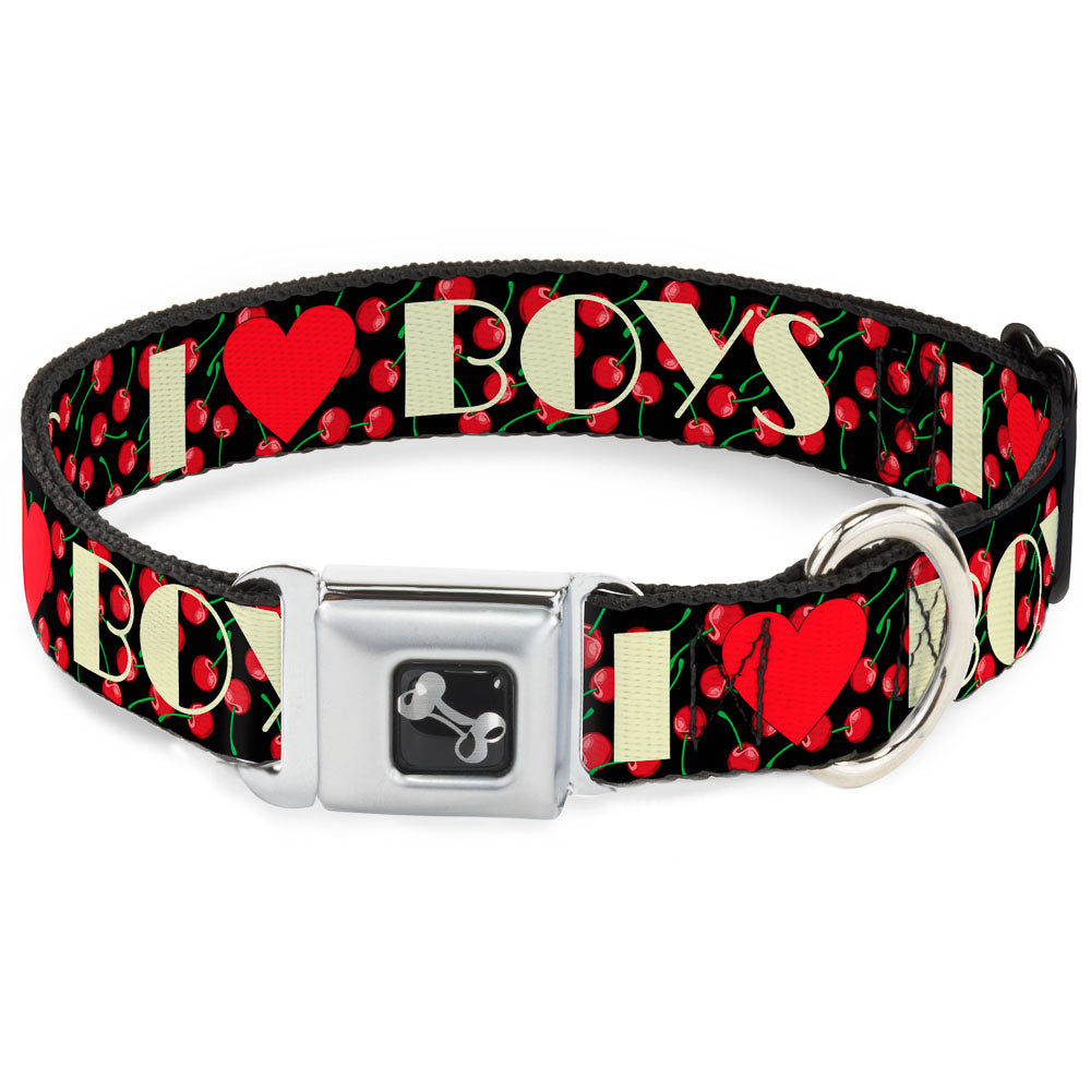 Dog Bone Seatbelt Buckle Collar - I Heart BOYS Black/Cherries Seatbelt Buckle Collars Buckle-Down