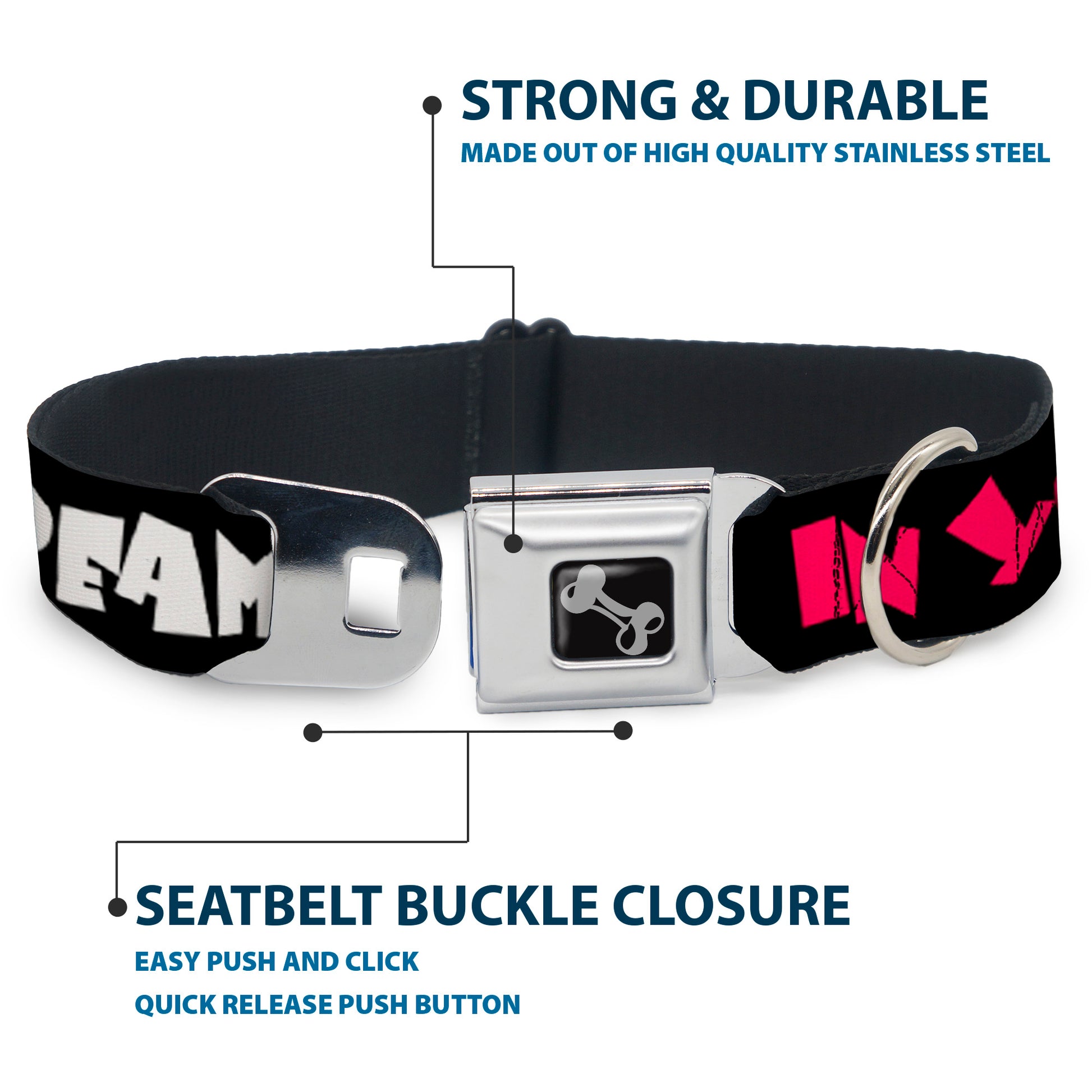 Dog Bone Seatbelt Buckle Collar - IN YOUR DREAMS! Black/White/Pink Seatbelt Buckle Collars Buckle-Down