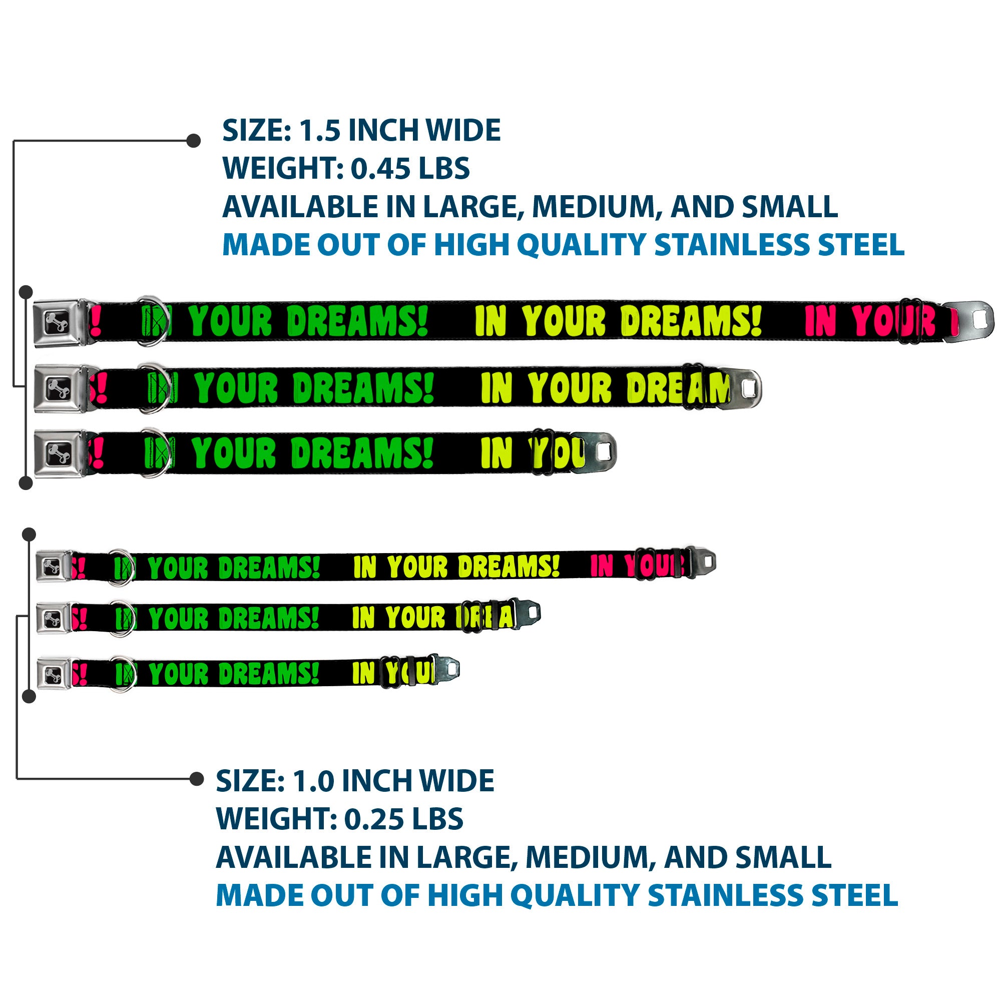 Dog Bone Black/Silver Seatbelt Buckle Collar - IN YOUR DREAMS! Black/Pink/Green/Yellow Seatbelt Buckle Collars Buckle-Down