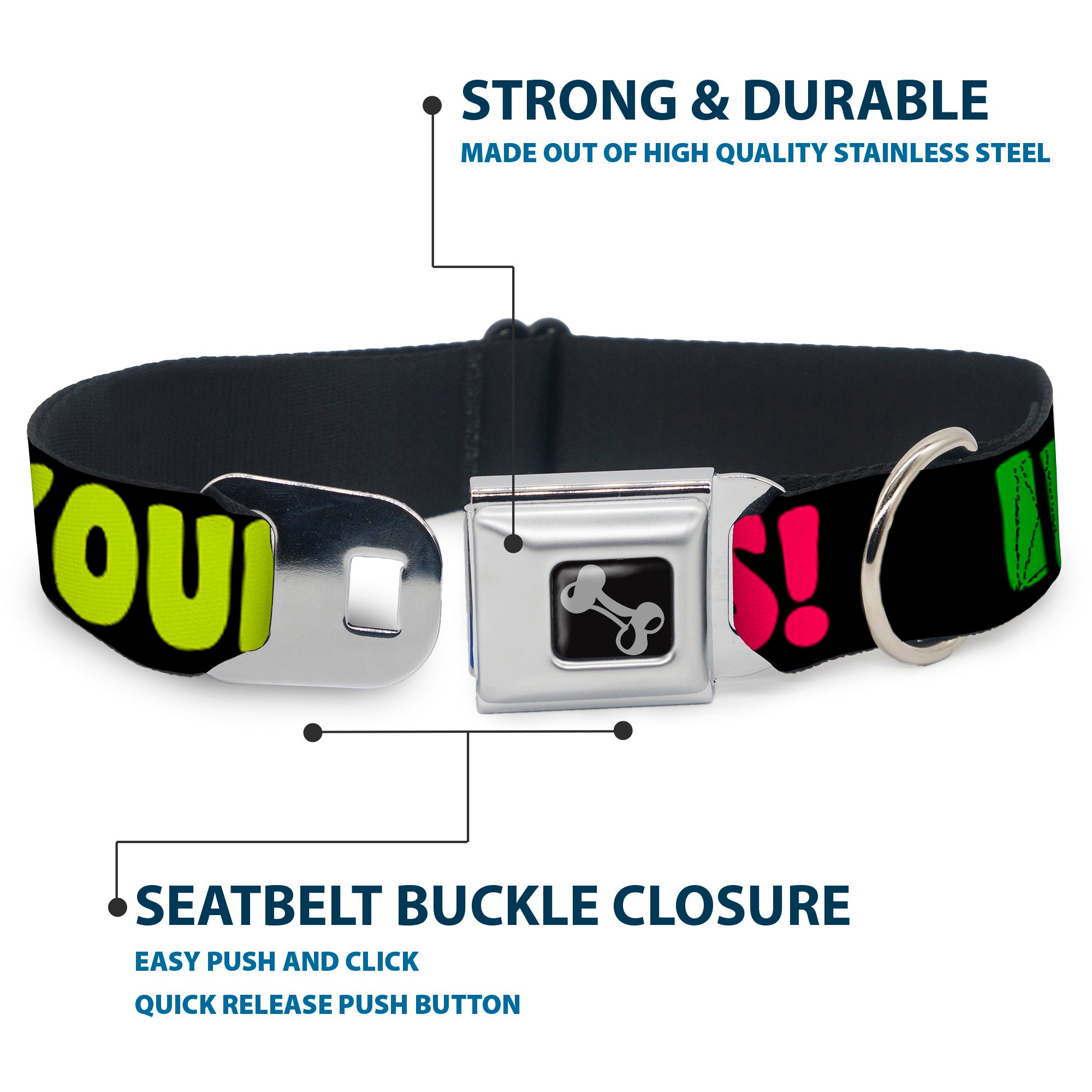 Dog Bone Black/Silver Seatbelt Buckle Collar - IN YOUR DREAMS! Black/Pink/Green/Yellow Seatbelt Buckle Collars Buckle-Down