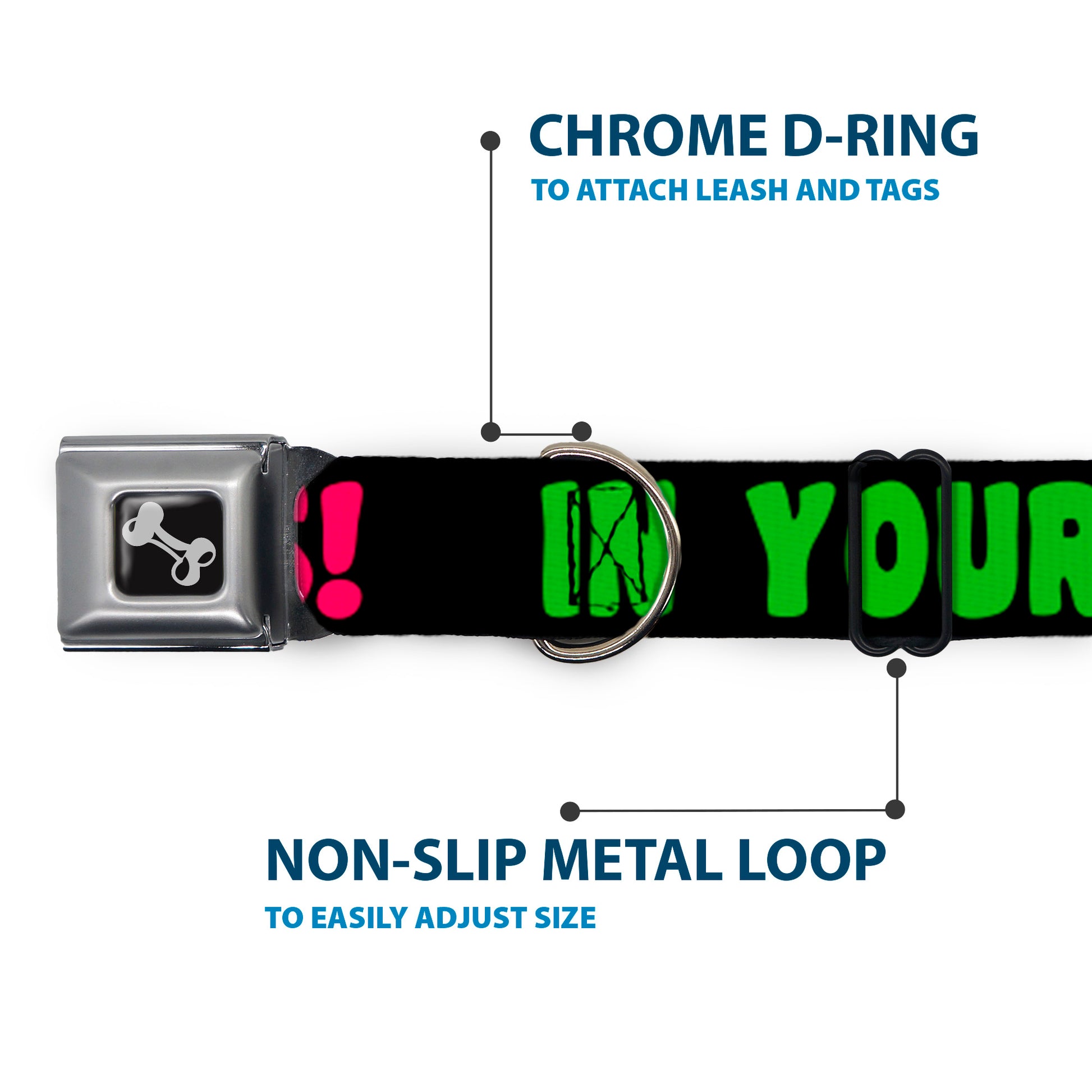 Dog Bone Black/Silver Seatbelt Buckle Collar - IN YOUR DREAMS! Black/Pink/Green/Yellow Seatbelt Buckle Collars Buckle-Down