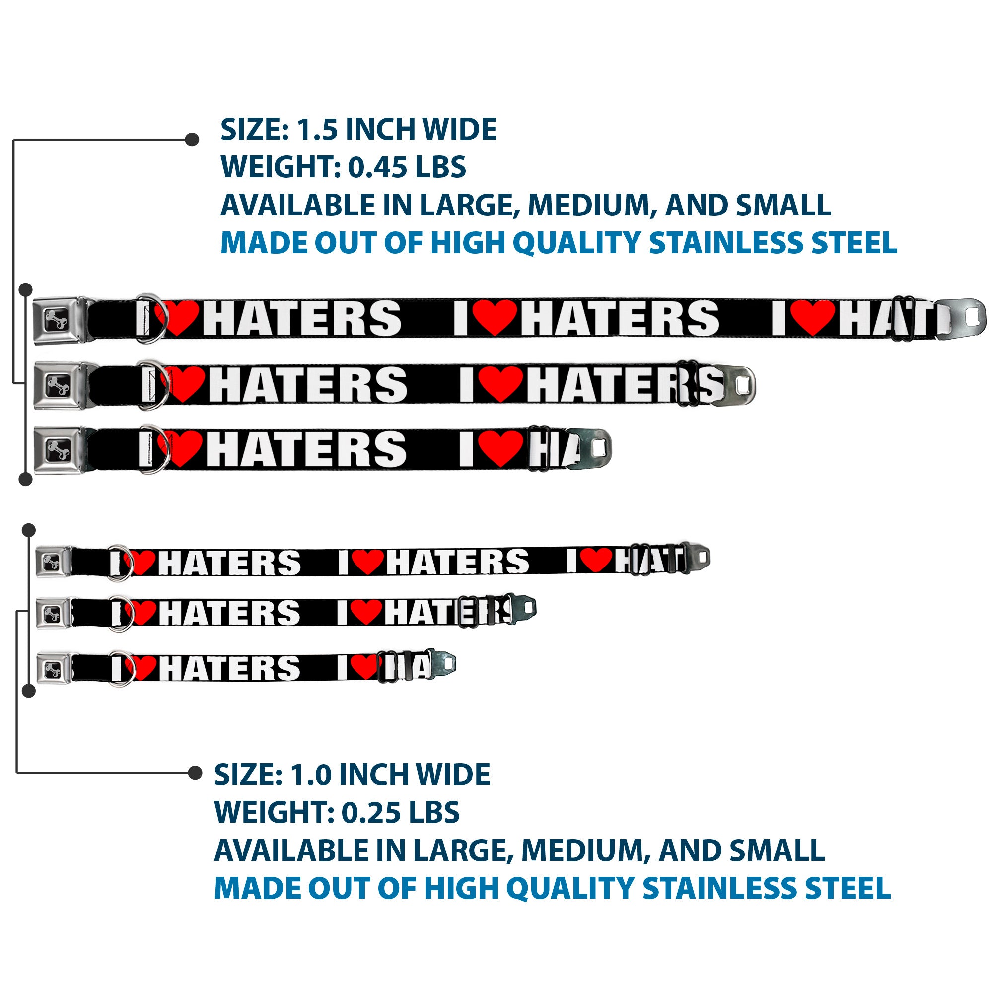 Dog Bone Seatbelt Buckle Collar - I "Heart" HATERS Black/White/Red Seatbelt Buckle Collars Buckle-Down