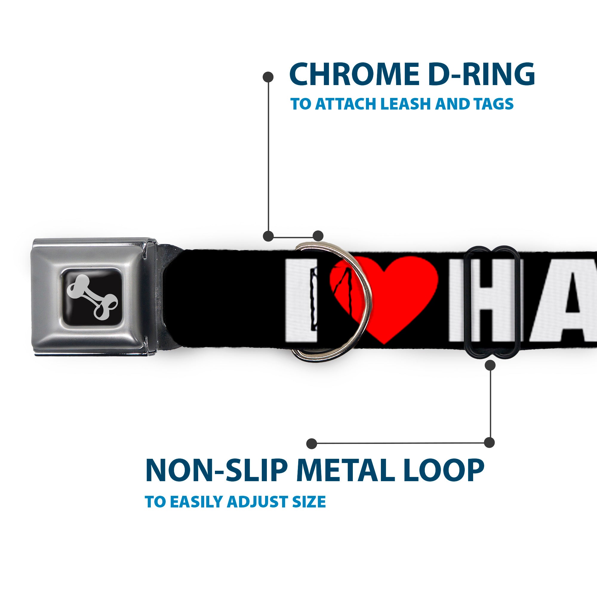 Dog Bone Seatbelt Buckle Collar - I "Heart" HATERS Black/White/Red Seatbelt Buckle Collars Buckle-Down