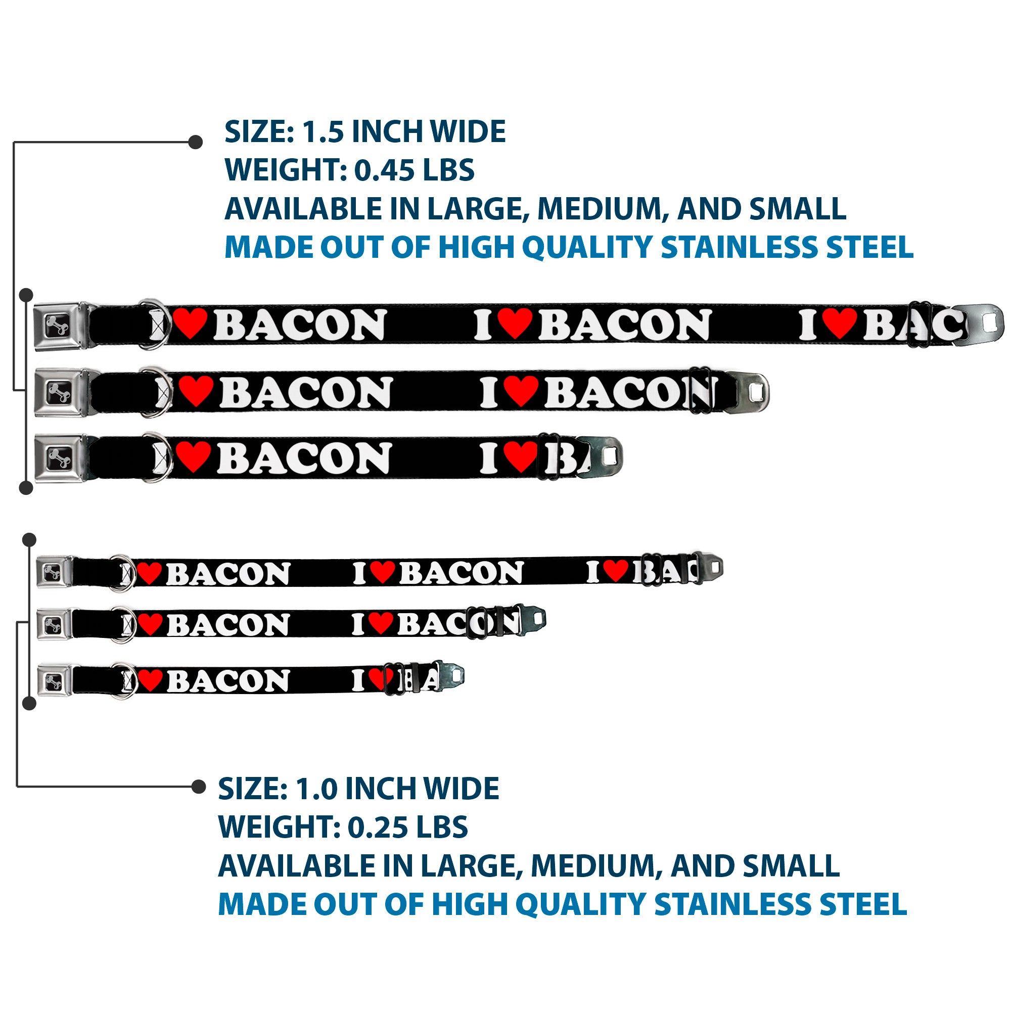 Dog Bone Seatbelt Buckle Collar - I "HEART" BACON Black/White/Red Seatbelt Buckle Collars Buckle-Down