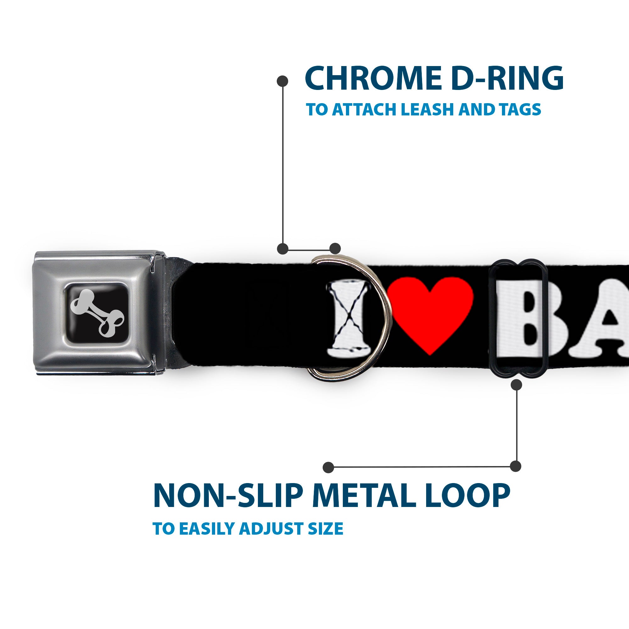 Dog Bone Seatbelt Buckle Collar - I "HEART" BACON Black/White/Red Seatbelt Buckle Collars Buckle-Down