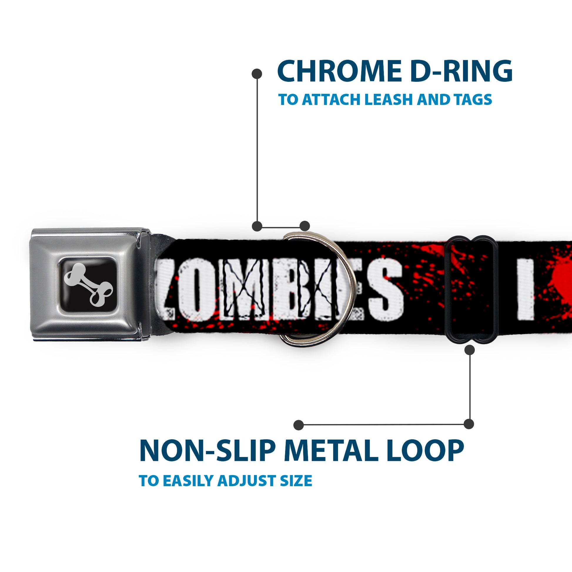 Dog Bone Seatbelt Buckle Collar - I "HEART" ZOMBIES Black/White/Red Splatter Seatbelt Buckle Collars Buckle-Down