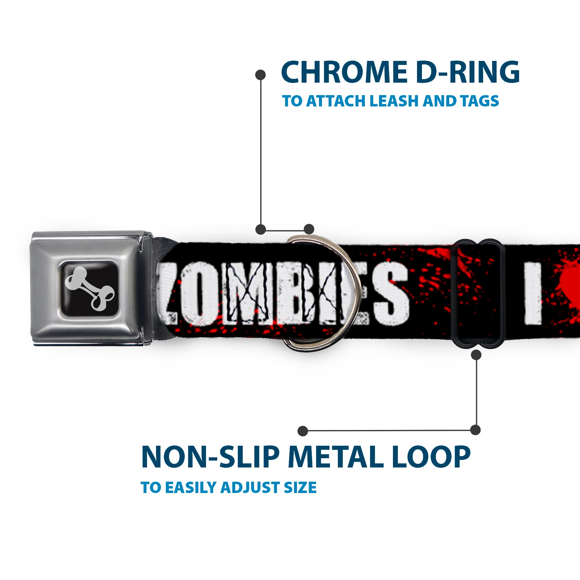 Dog Bone Seatbelt Buckle Collar - I "HEART" ZOMBIES Black/White/Red Splatter Seatbelt Buckle Collars Buckle-Down