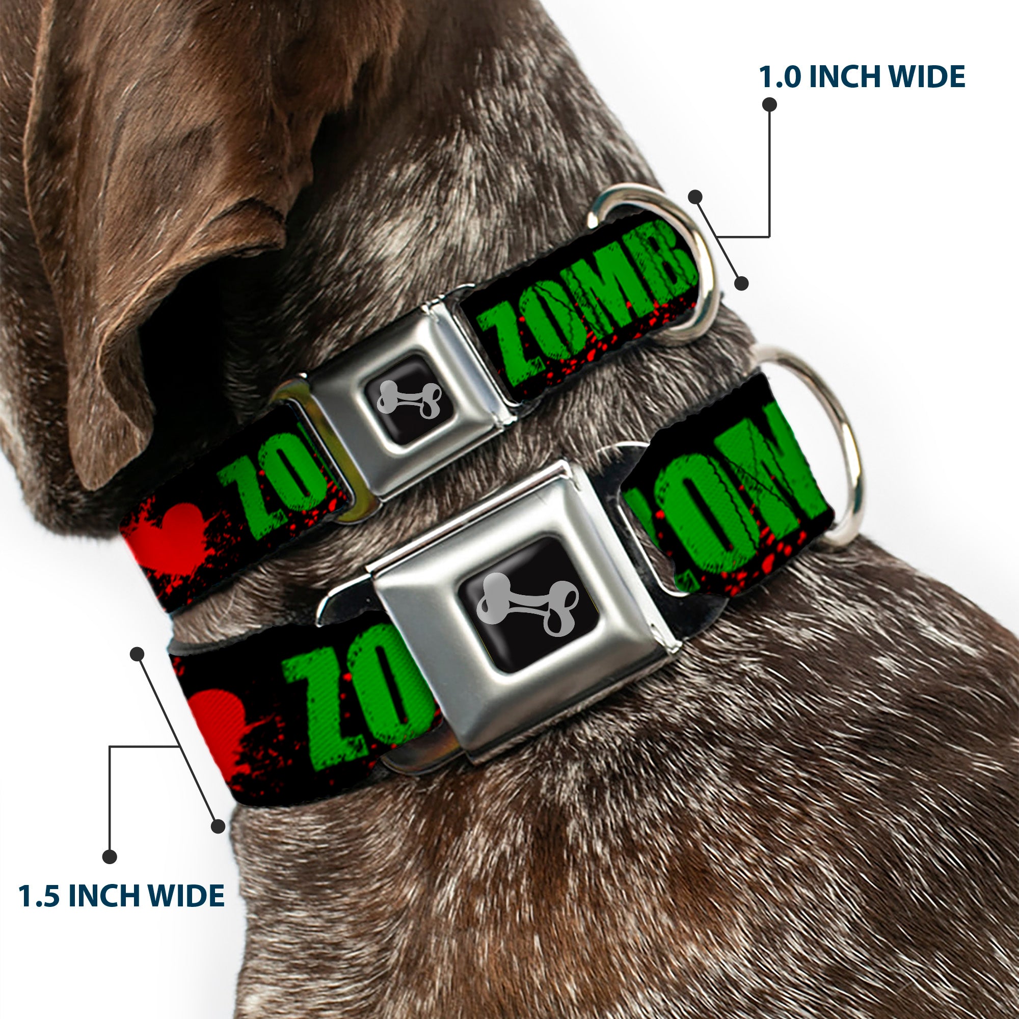 Dog Bone Seatbelt Buckle Collar - I "HEART" ZOMBIES Black/Green/Red Splatter Seatbelt Buckle Collars Buckle-Down