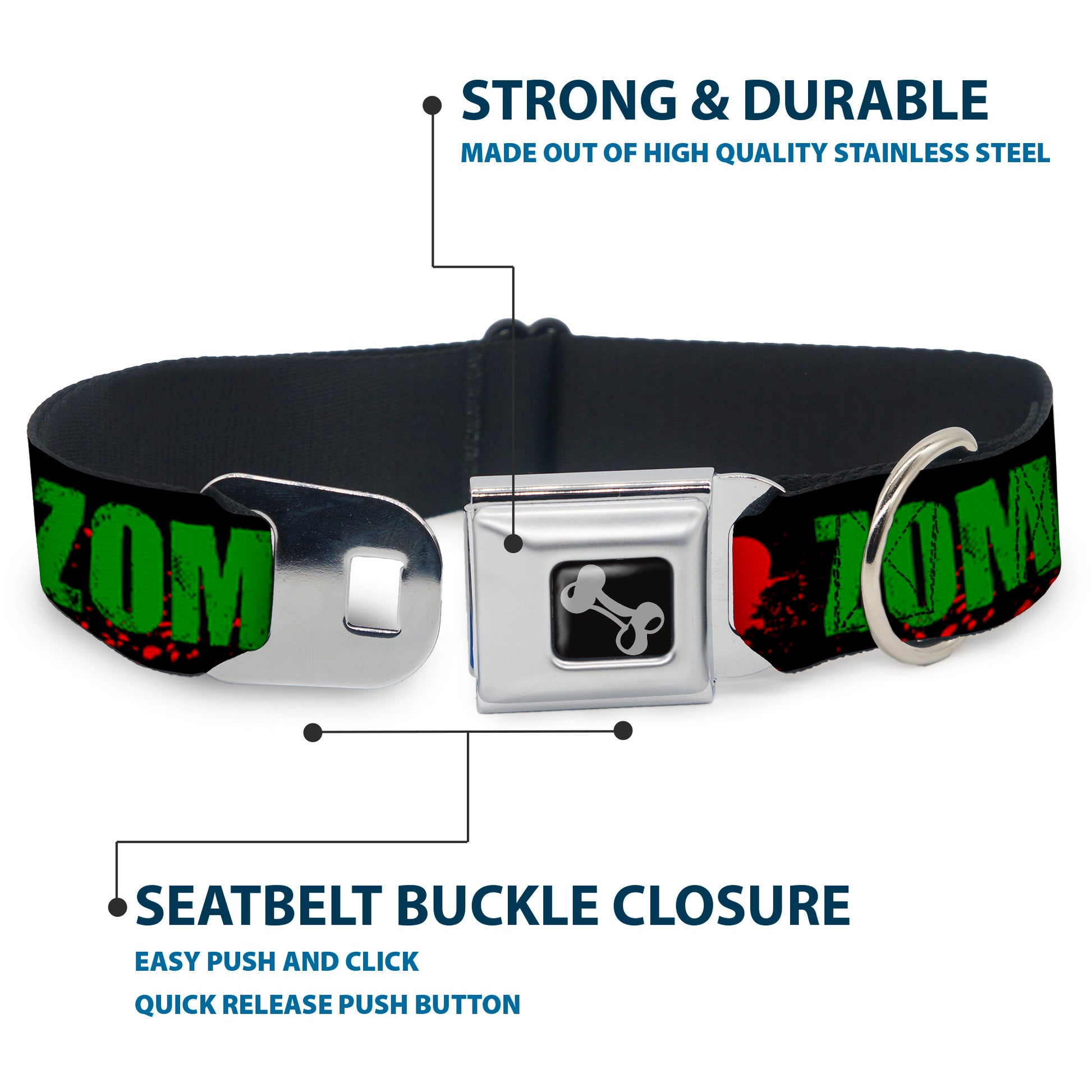 Dog Bone Seatbelt Buckle Collar - I "HEART" ZOMBIES Black/Green/Red Splatter Seatbelt Buckle Collars Buckle-Down