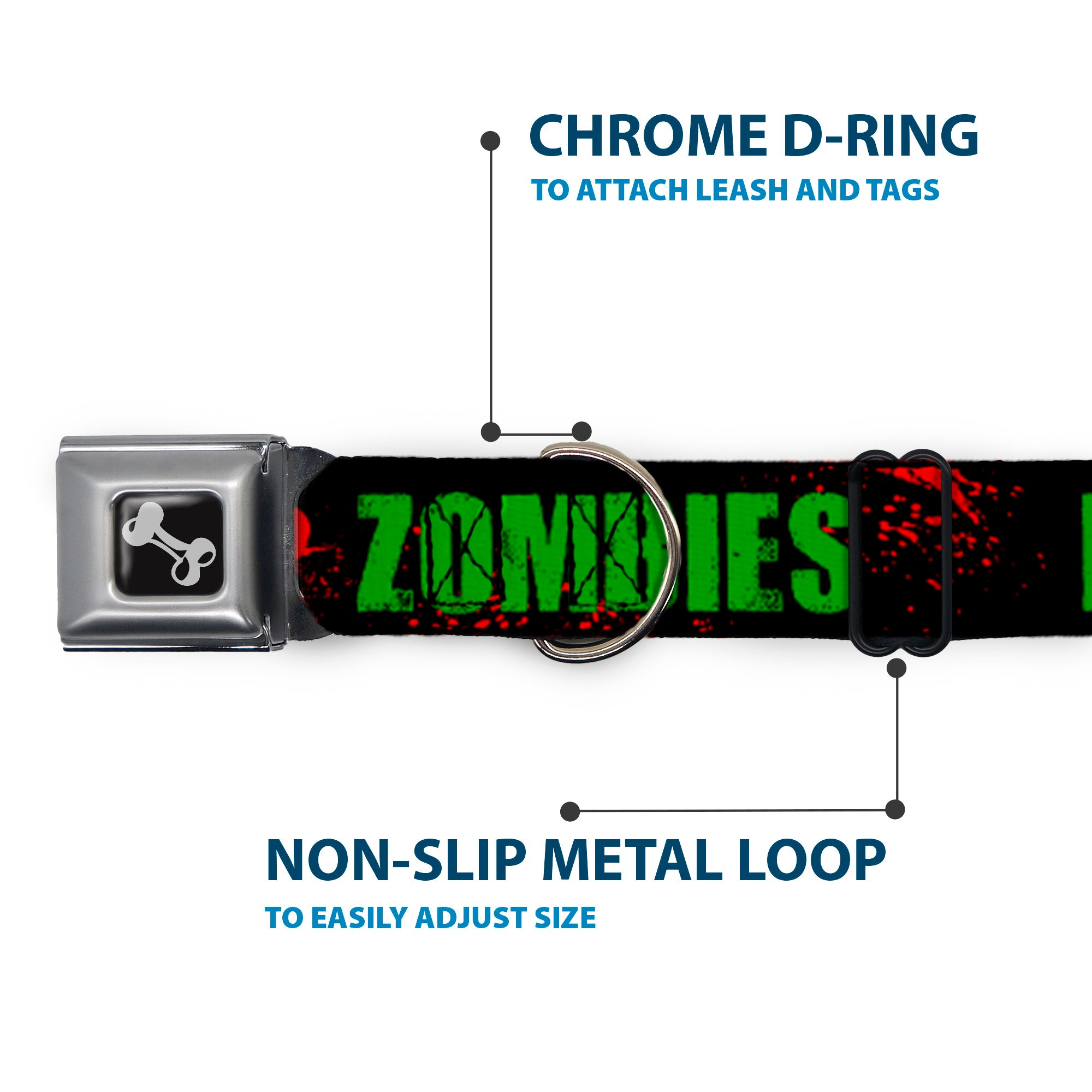 Dog Bone Seatbelt Buckle Collar - I "HEART" ZOMBIES Black/Green/Red Splatter Seatbelt Buckle Collars Buckle-Down