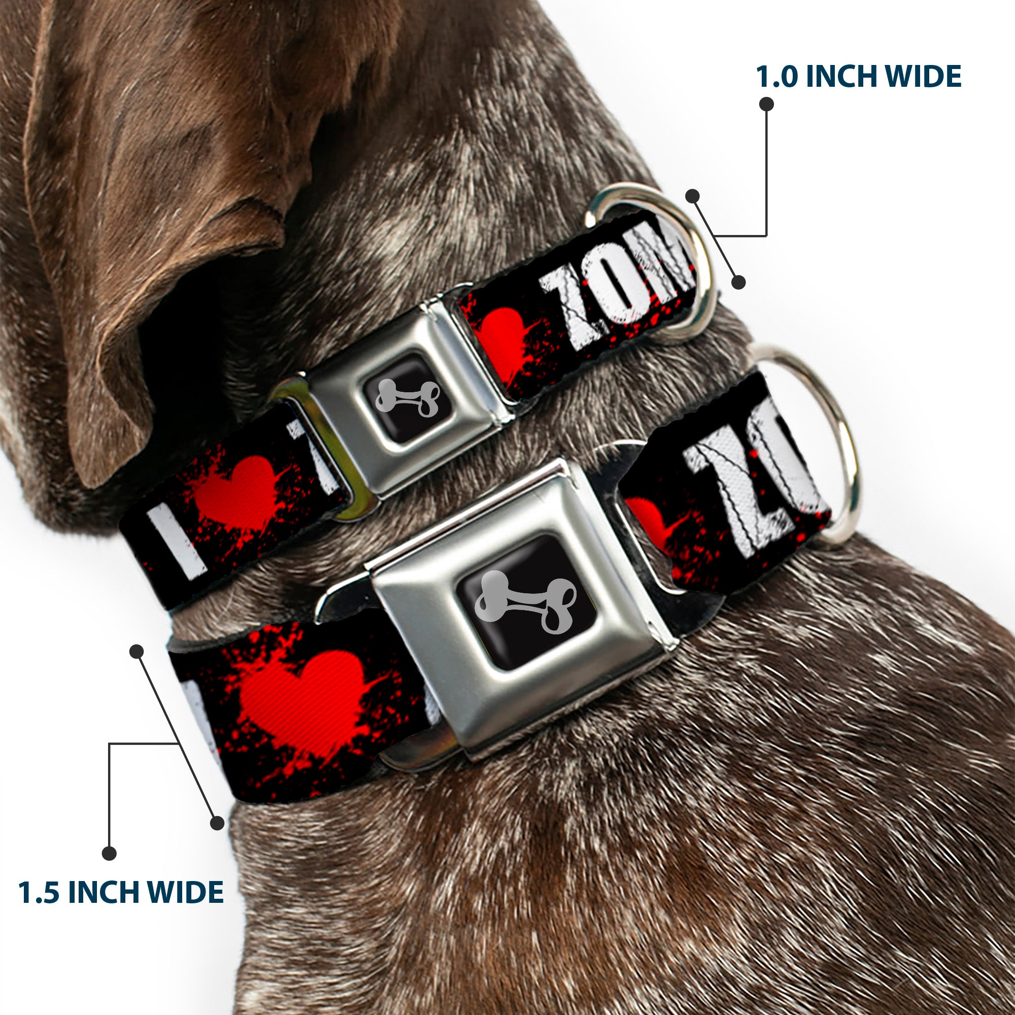 Dog Bone Seatbelt Buckle Collar - I "Heart" ZOMBIES Bold Splatter Black/White/Red Seatbelt Buckle Collars Buckle-Down