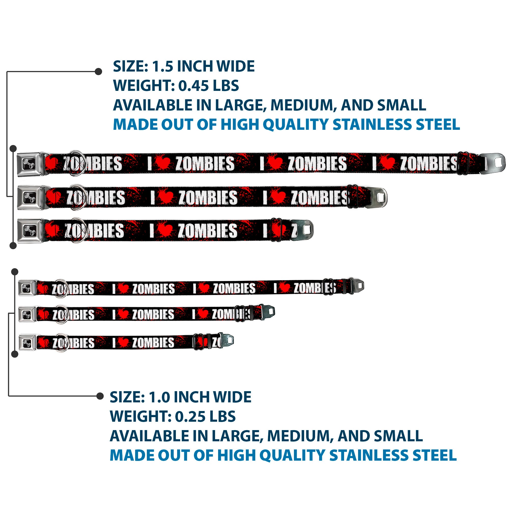 Dog Bone Seatbelt Buckle Collar - I "Heart" ZOMBIES Bold Splatter Black/White/Red Seatbelt Buckle Collars Buckle-Down
