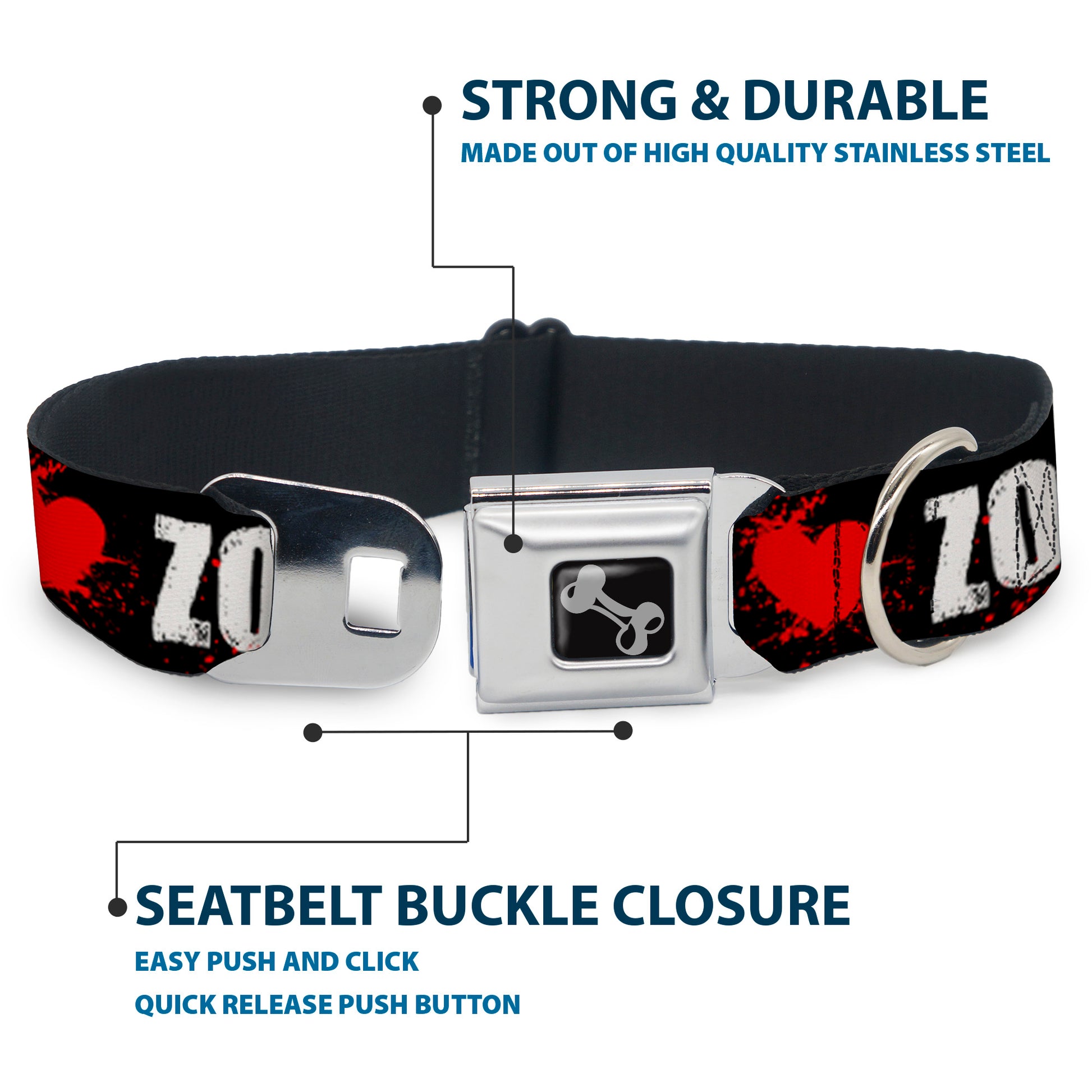 Dog Bone Seatbelt Buckle Collar - I "Heart" ZOMBIES Bold Splatter Black/White/Red Seatbelt Buckle Collars Buckle-Down