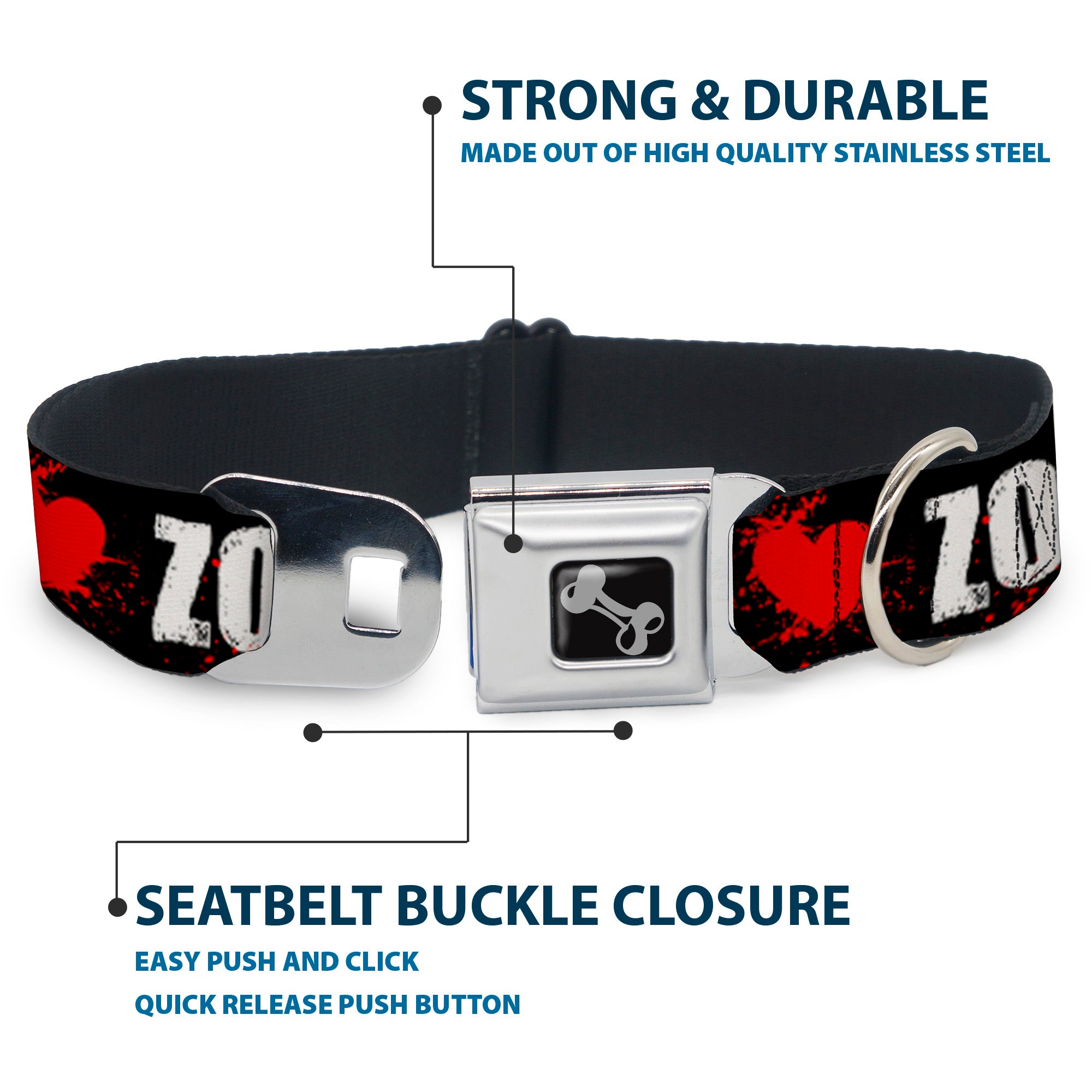 Dog Bone Seatbelt Buckle Collar - I "Heart" ZOMBIES Bold Splatter Black/White/Red Seatbelt Buckle Collars Buckle-Down