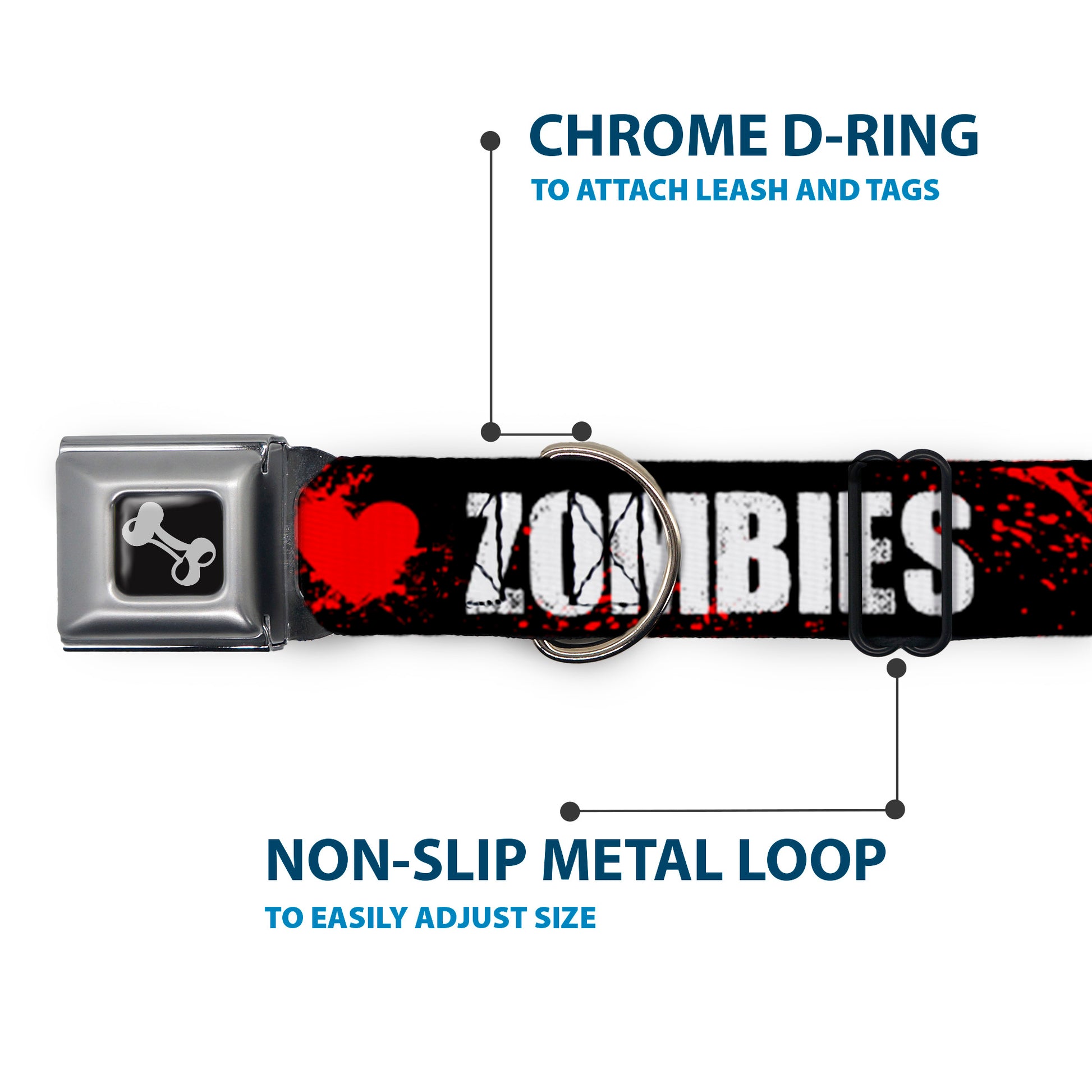 Dog Bone Seatbelt Buckle Collar - I "Heart" ZOMBIES Bold Splatter Black/White/Red Seatbelt Buckle Collars Buckle-Down
