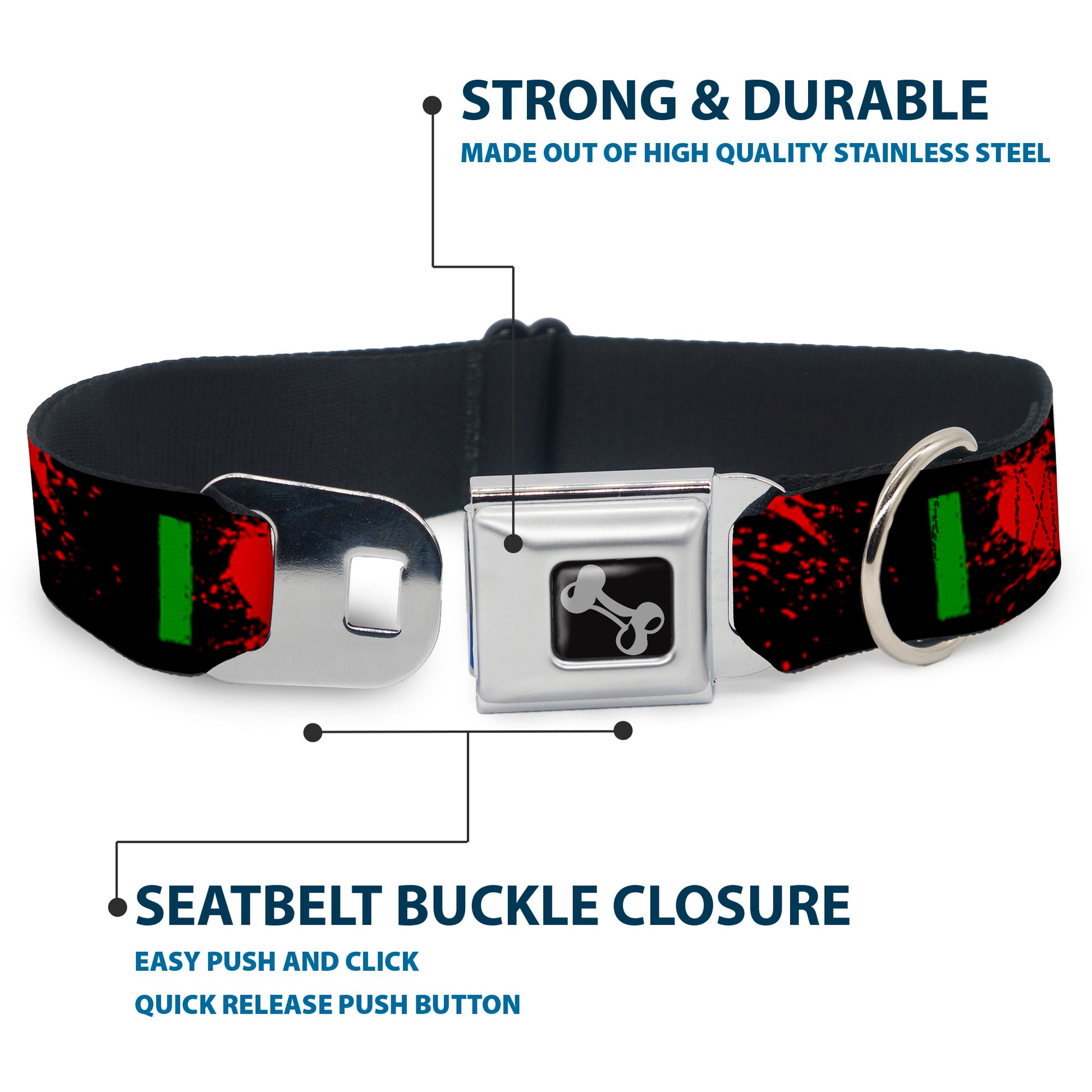 Dog Bone Seatbelt Buckle Collar - I "Heart" ZOMBIES Bold Splatter Black/Green/Red Seatbelt Buckle Collars Buckle-Down