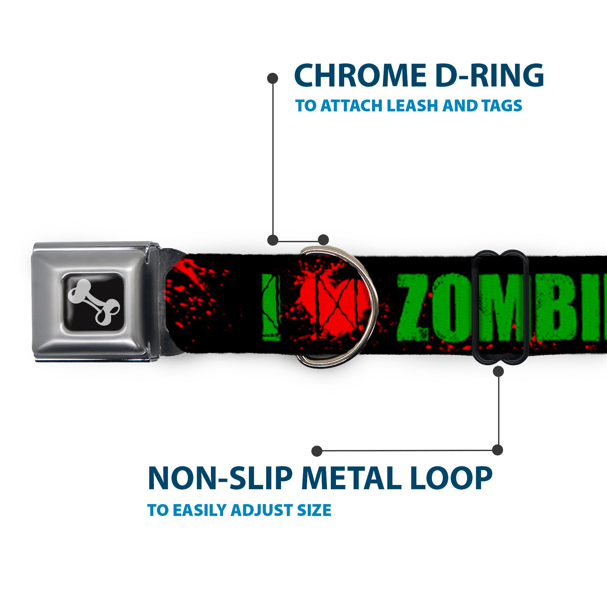 Dog Bone Seatbelt Buckle Collar - I "Heart" ZOMBIES Bold Splatter Black/Green/Red Seatbelt Buckle Collars Buckle-Down
