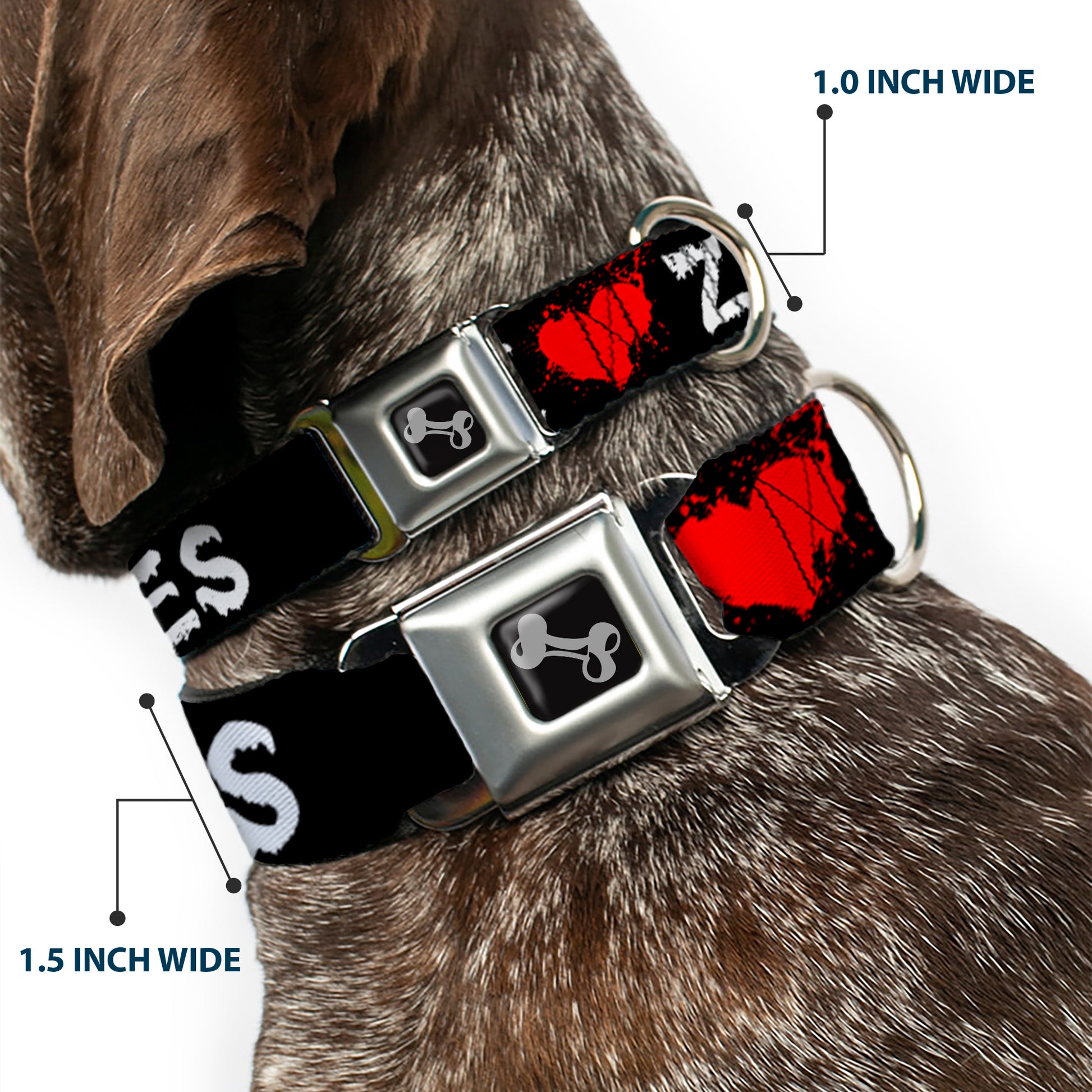 Dog Bone Seatbelt Buckle Collar - I "Heart" ZOMBIES Bloody Splatter Black/White/Red Seatbelt Buckle Collars Buckle-Down