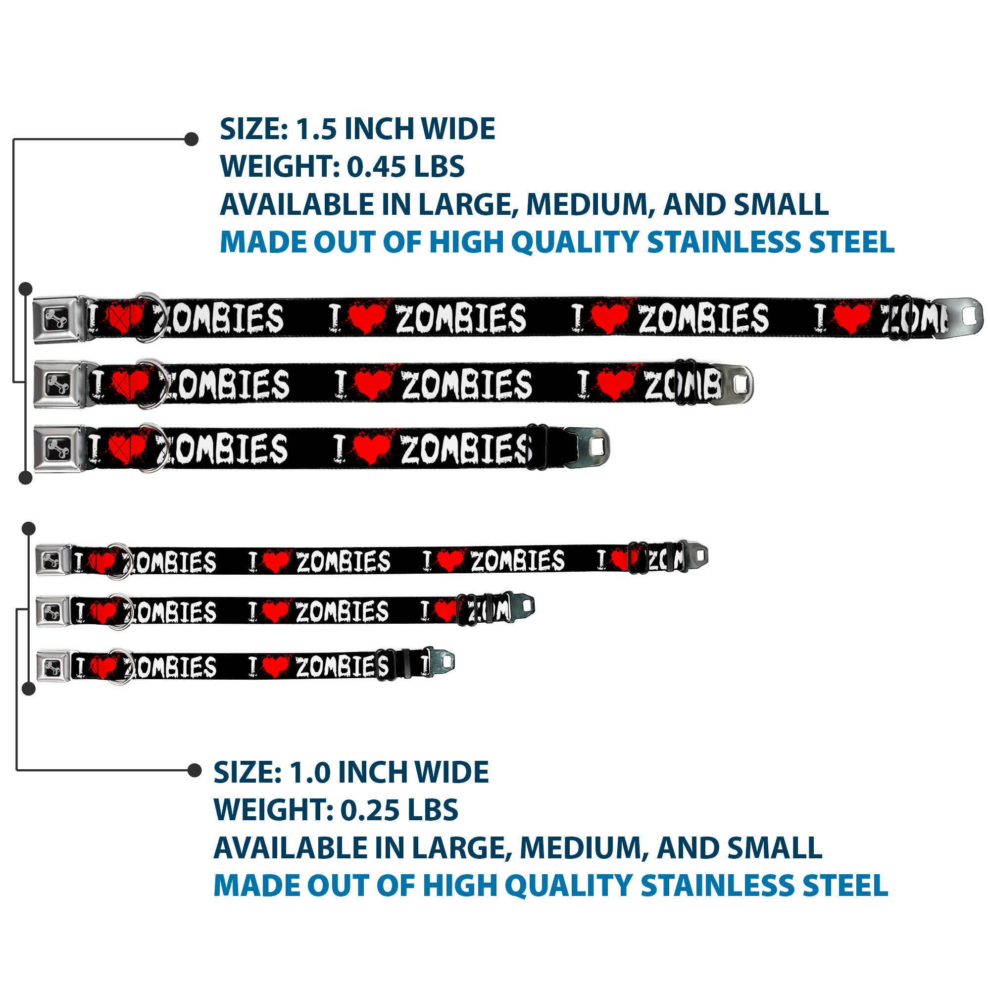 Dog Bone Seatbelt Buckle Collar - I "Heart" ZOMBIES Bloody Splatter Black/White/Red Seatbelt Buckle Collars Buckle-Down