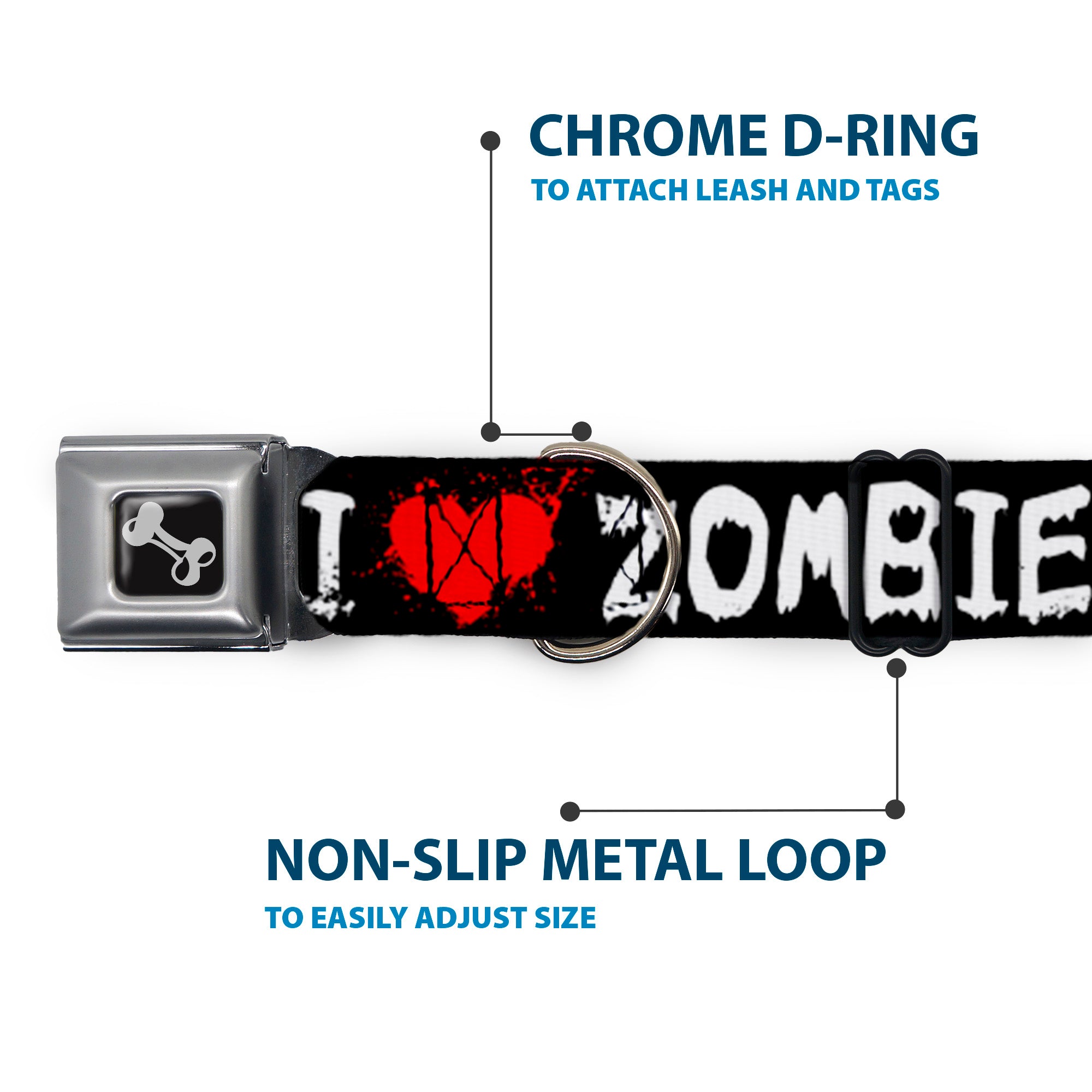 Dog Bone Seatbelt Buckle Collar - I "Heart" ZOMBIES Bloody Splatter Black/White/Red Seatbelt Buckle Collars Buckle-Down