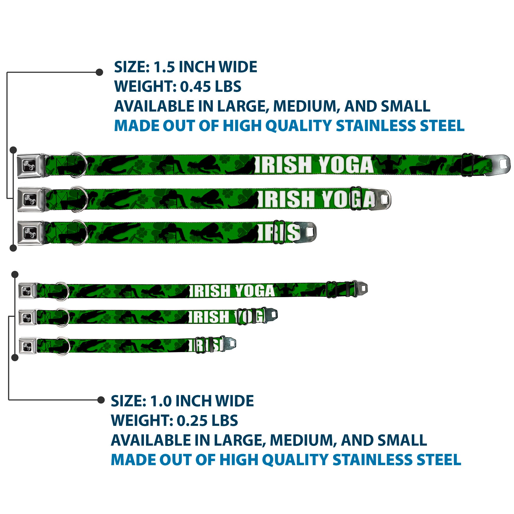 Buckle-Down Seatbelt Buckle Dog Collar - IRISH YOGA Poses/Clovers Greens/Black/White Seatbelt Buckle Collars Buckle-Down