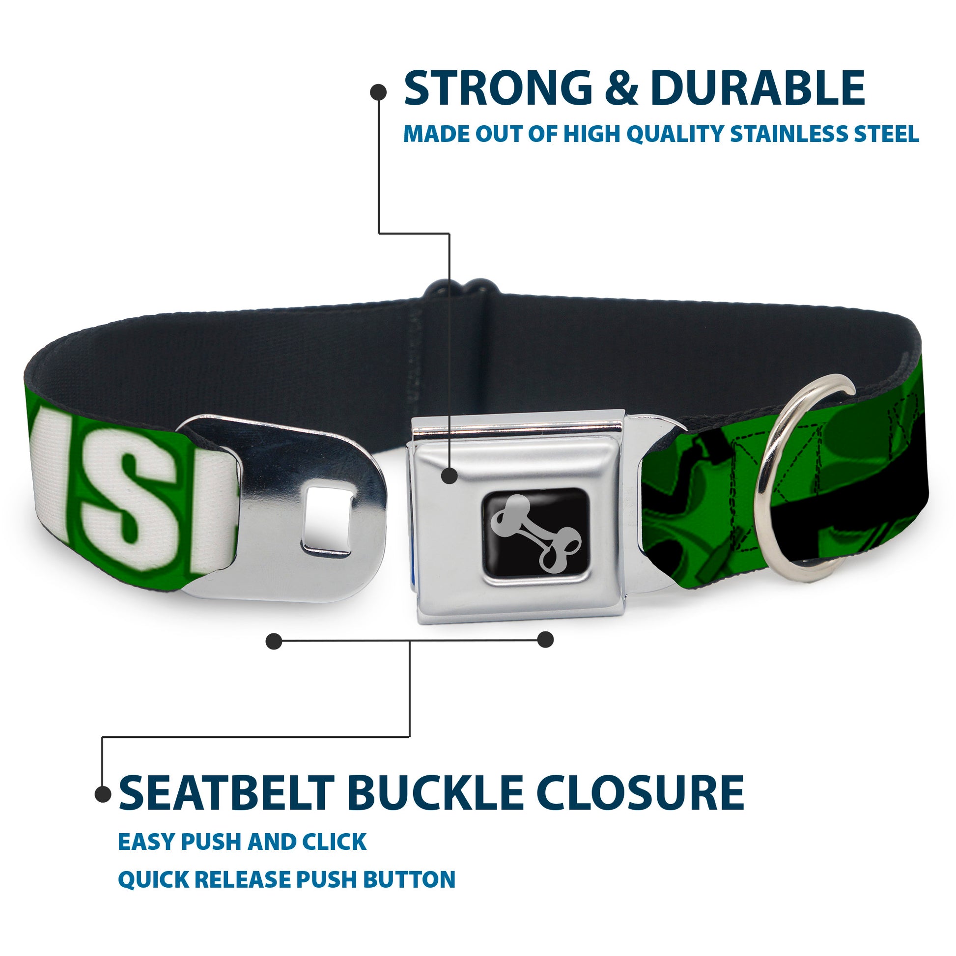 Buckle-Down Seatbelt Buckle Dog Collar - IRISH YOGA Poses/Clovers Greens/Black/White Seatbelt Buckle Collars Buckle-Down