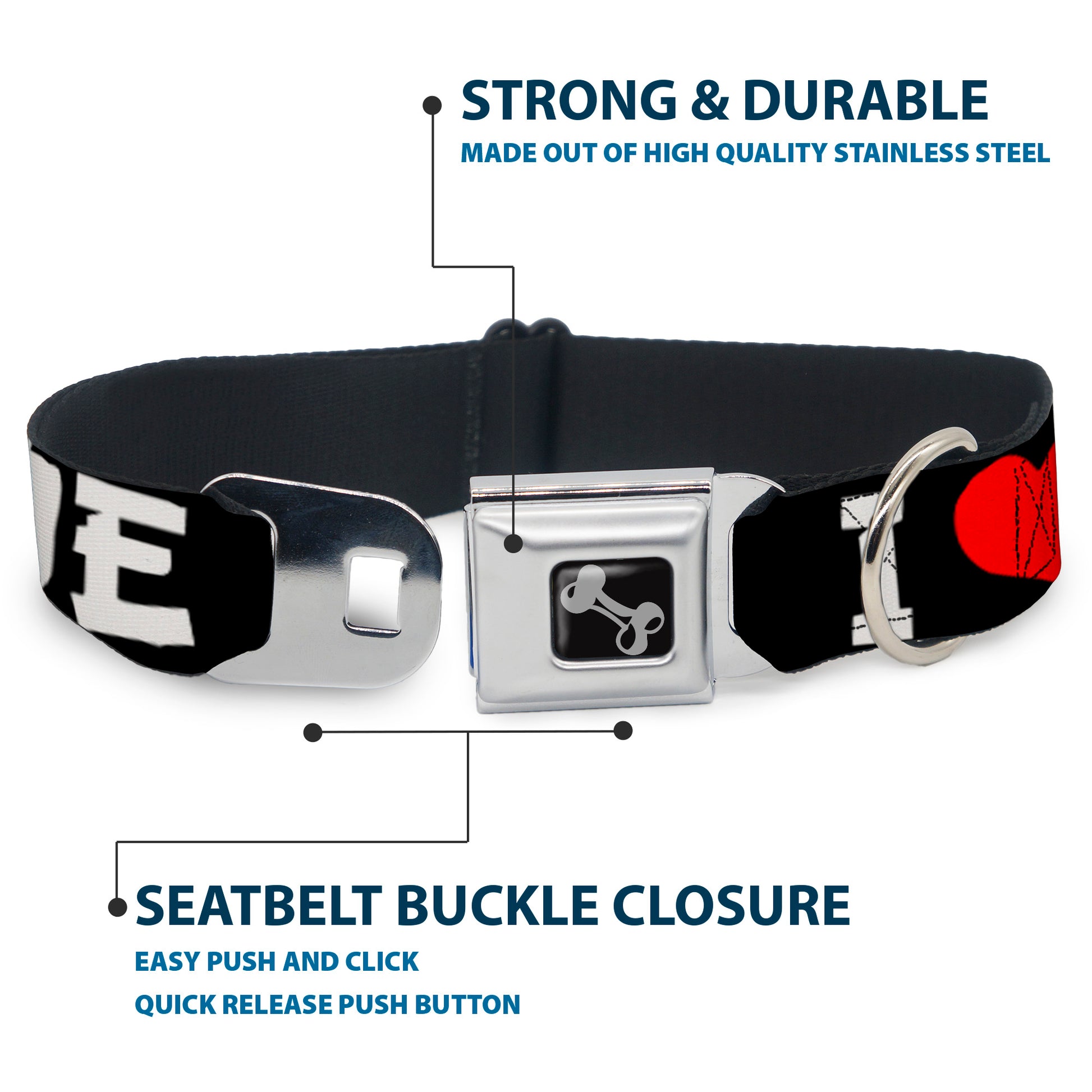 Dog Bone Seatbelt Buckle Collar - I "Heart" ANIME Bold Black/White/Red Seatbelt Buckle Collars Buckle-Down