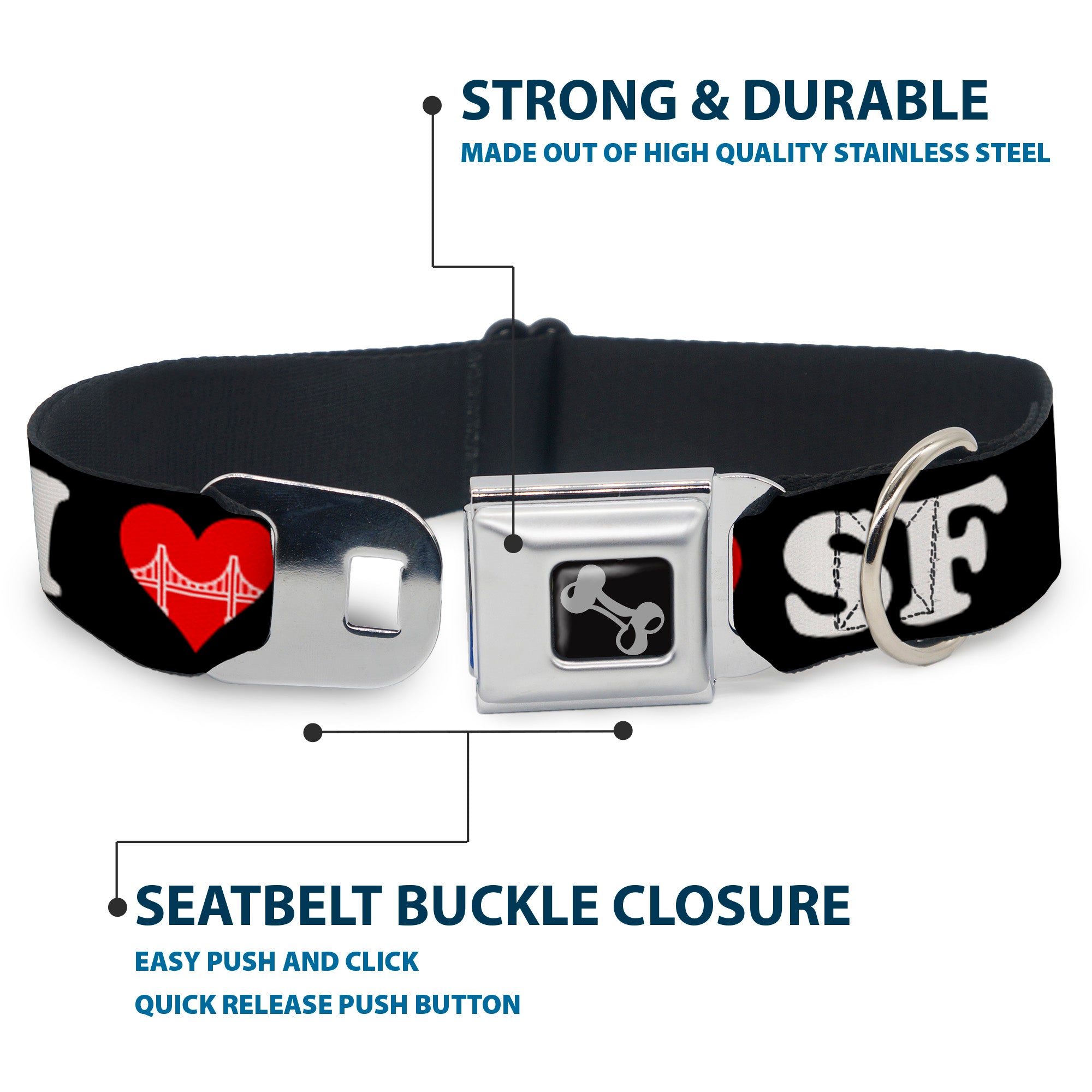 Dog Bone Seatbelt Buckle Collar - I "HEART BRIDGE" SF Black/White/Red Seatbelt Buckle Collars Buckle-Down