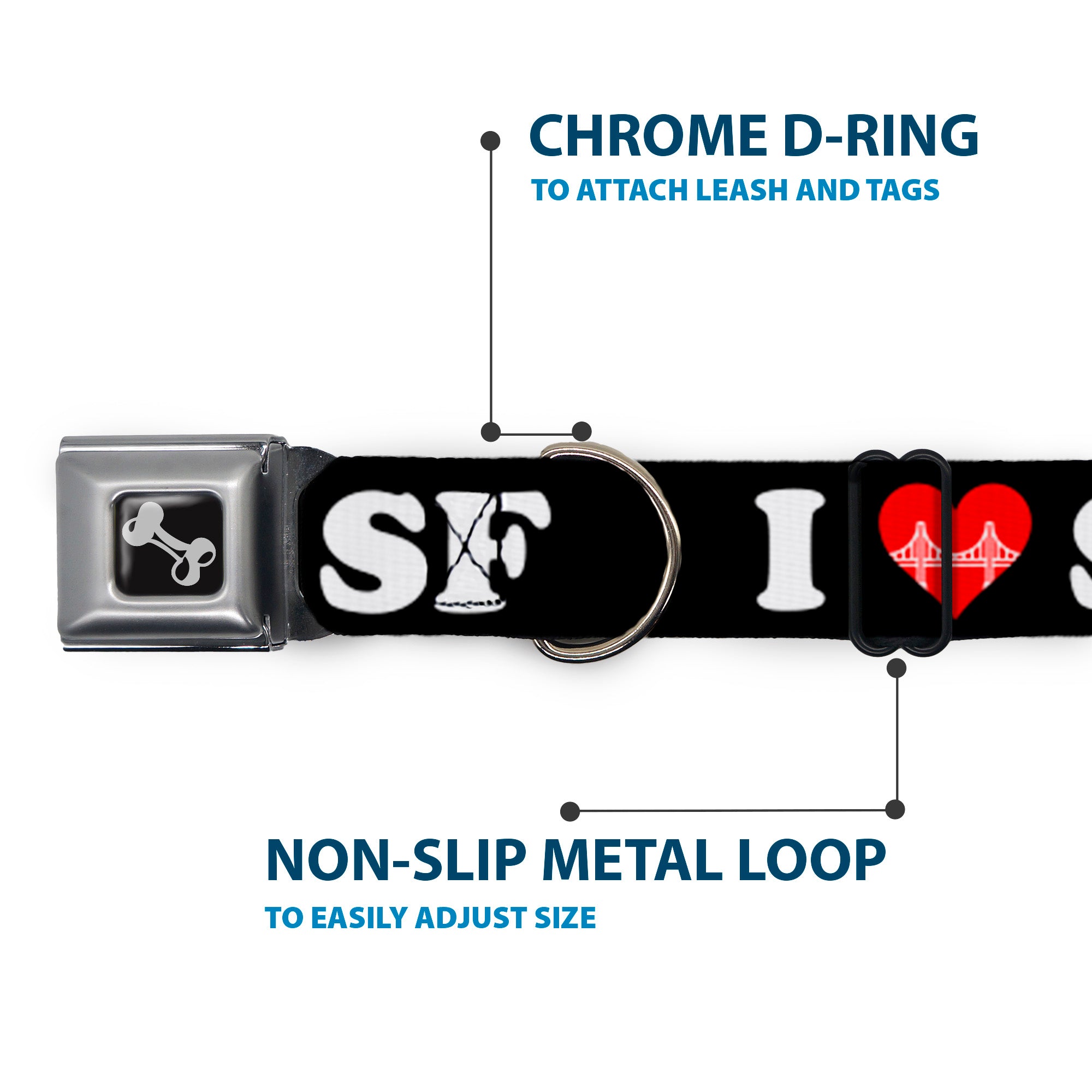 Dog Bone Seatbelt Buckle Collar - I "HEART BRIDGE" SF Black/White/Red Seatbelt Buckle Collars Buckle-Down
